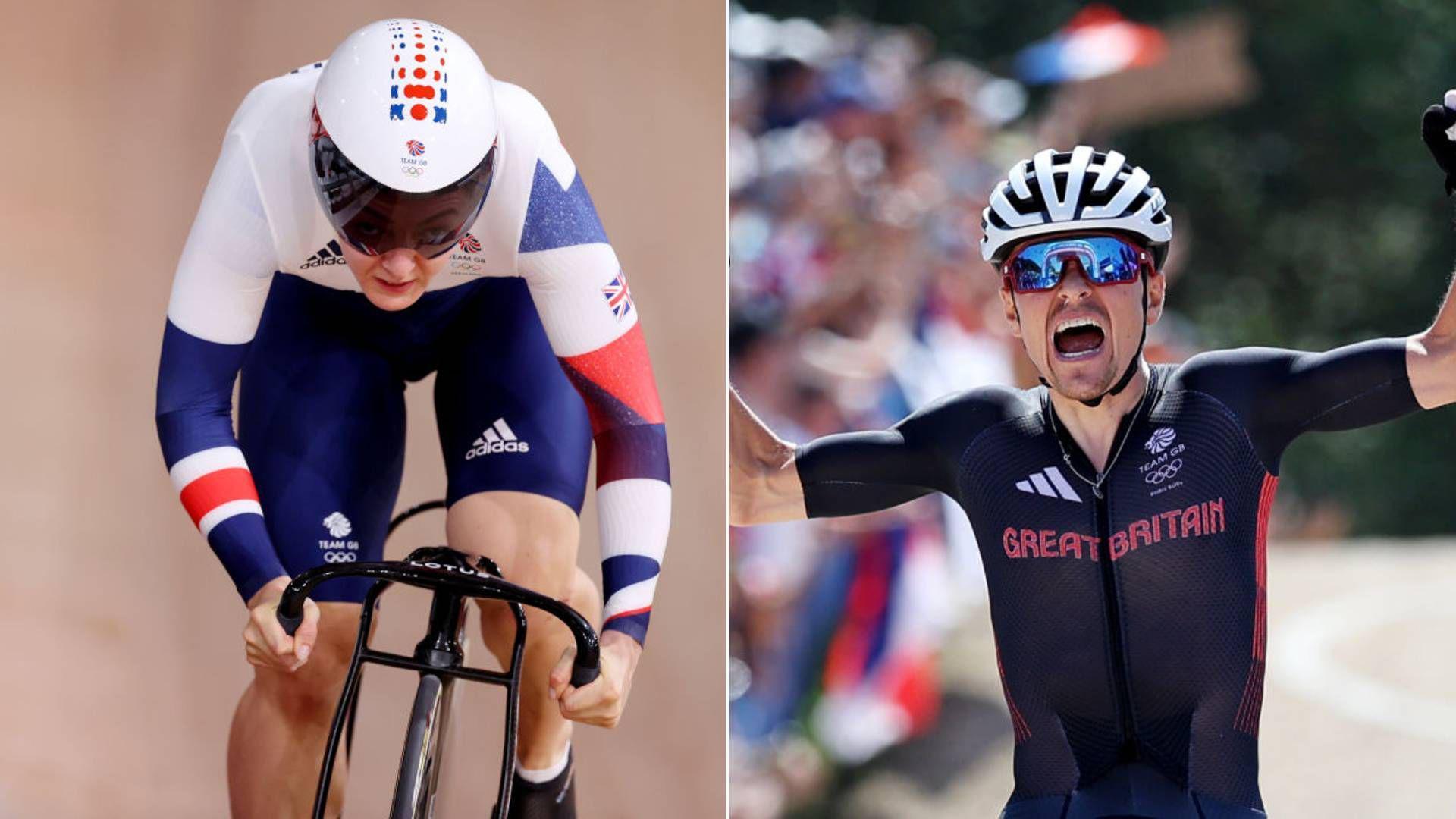 Katy Marchant riding a bike at the Paris Olympics and Tom Pidcock after he has won gold at the olympics