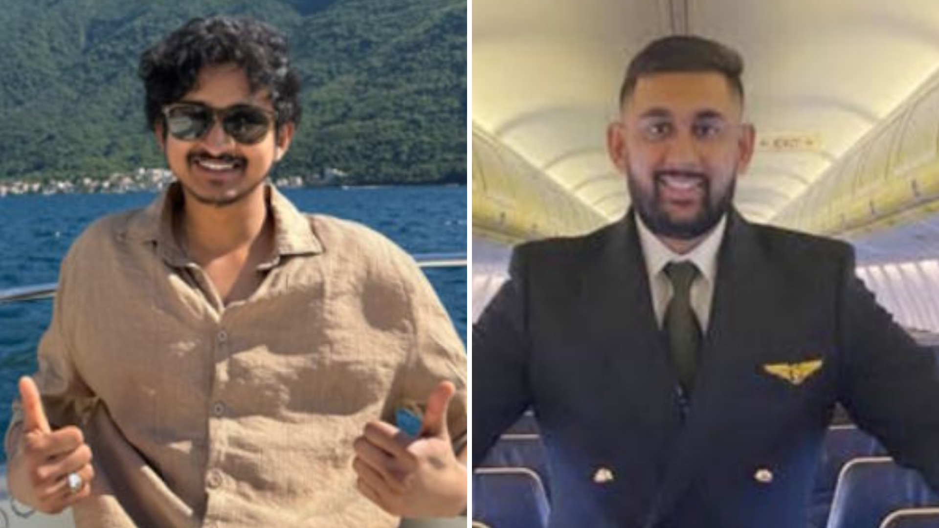 A composite image of Vamshi Mandala and Dylan Patel. Vamshi is wearing a beige shirt and sunglasses on a boat. He has curly black hair and is giving a thumbs up to the camera. Dylan is wearing a navy pilot's suit onboard a plane. He has short black hair and a neat beard and is smiling.