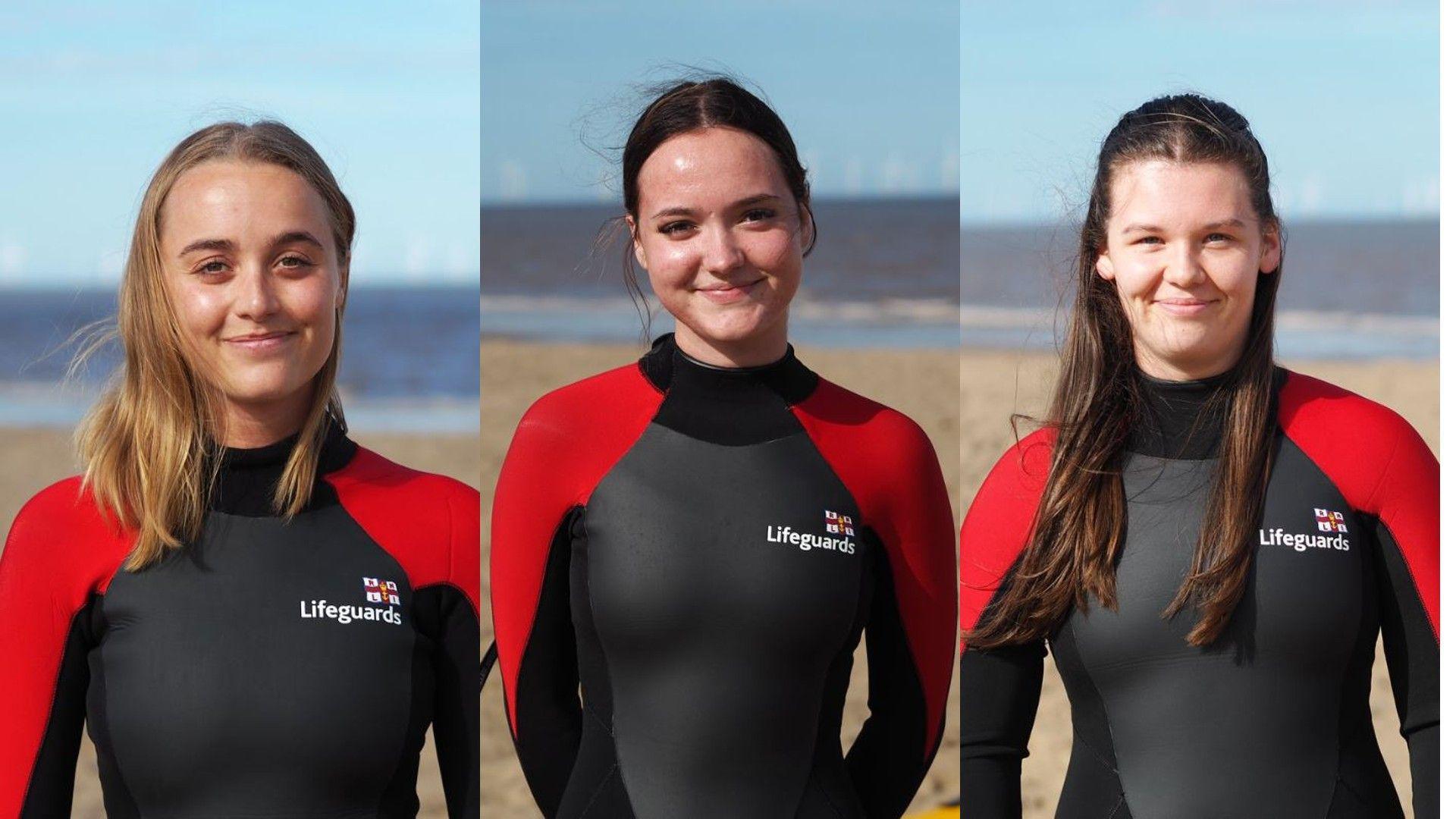 Professional photos of RNLI lifeguards Lois Kemp, 25, Katie Roscoe, 21 and Effie Kennedy, 16, standing on the beach in lifeguards outfits and smiling into the camera