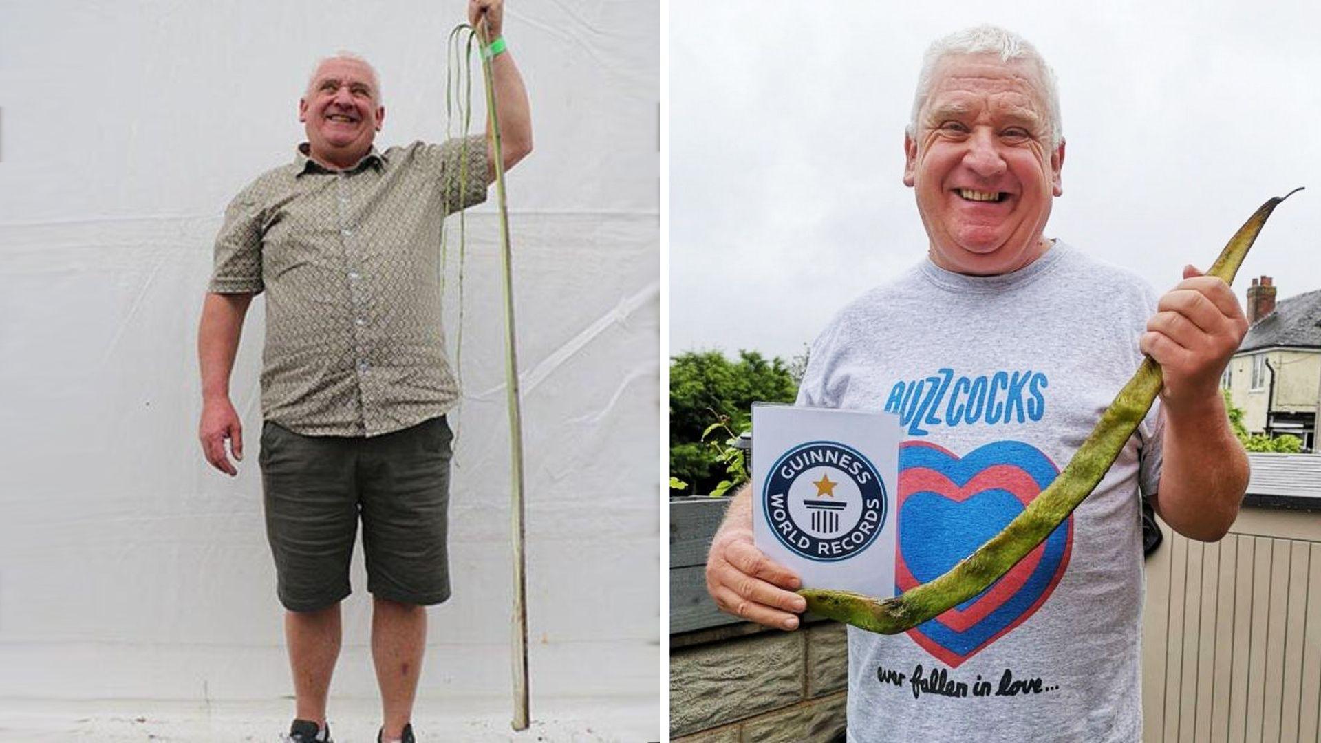 Two images of the same man with short white hair. On the left, he is dangling a long leek by his side, which measures from the top of his head to his ankles. The man is wearing a short sleeved shirt and dark green shorts standing in front of a white canvas. On the right, he is holding a large runner bean in both hands, as well as a white card white has the Guinness World Record logo on it. He is wearing a grey T-shirt with a blue heart and the band name 'Buzzcocks' printed on it. 