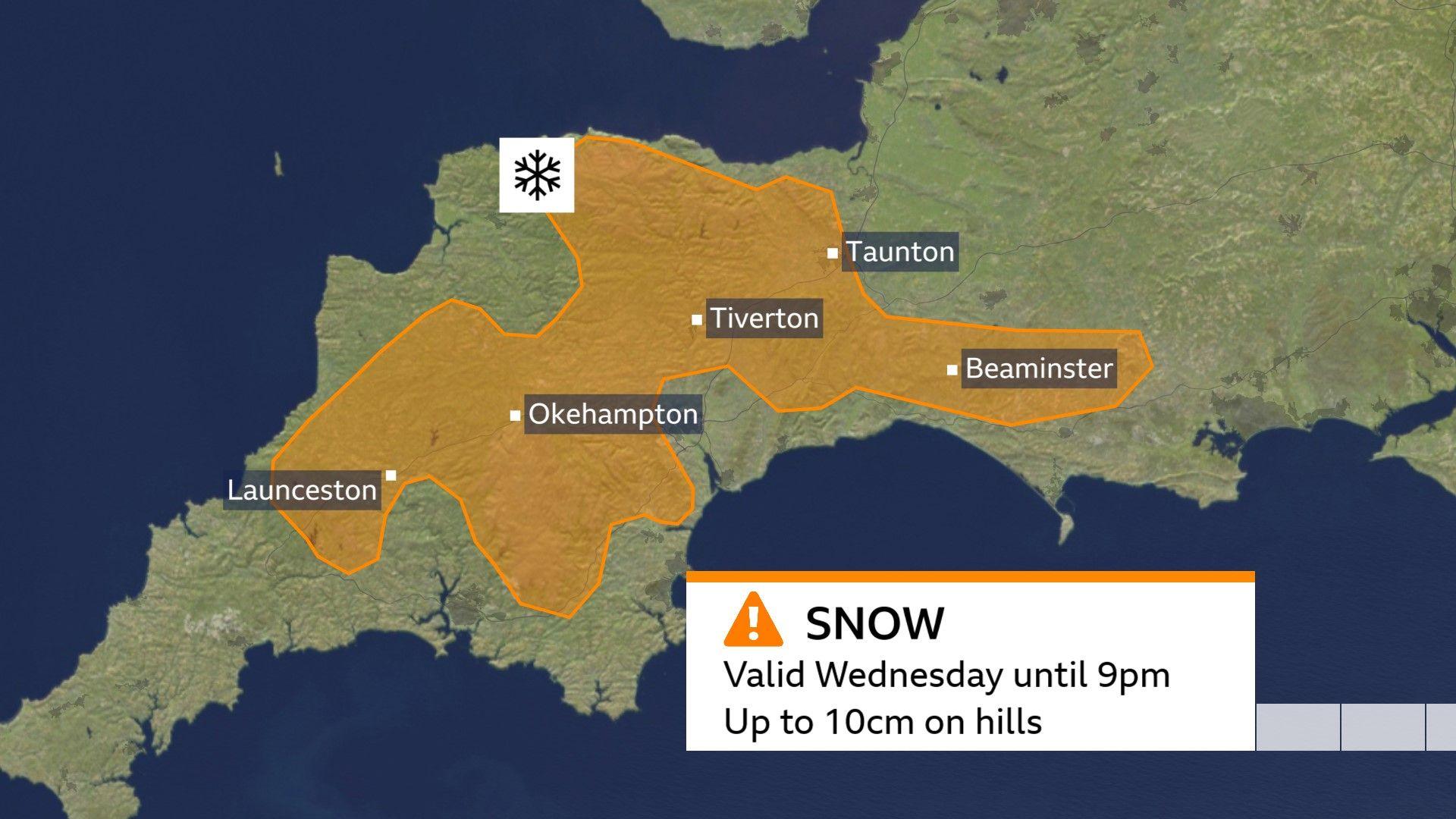 A weather map showing the patch of south-west England covered by an  amber snow alert on 8 January until 21:00. The areas highlighted are: Launceston, Okehampton, Tiverton, Taunton, and Beaminster.