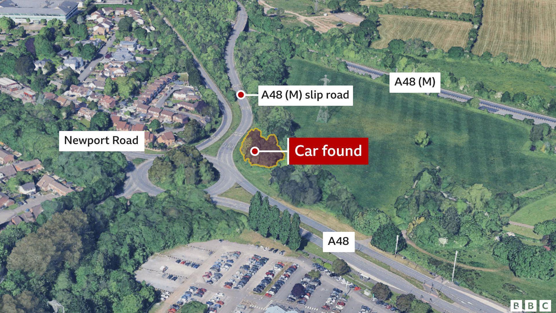 A graphic of a map which shows the A48 and the location of the crash. Location markers point out the location of the crash, the A48 and Newport Road.