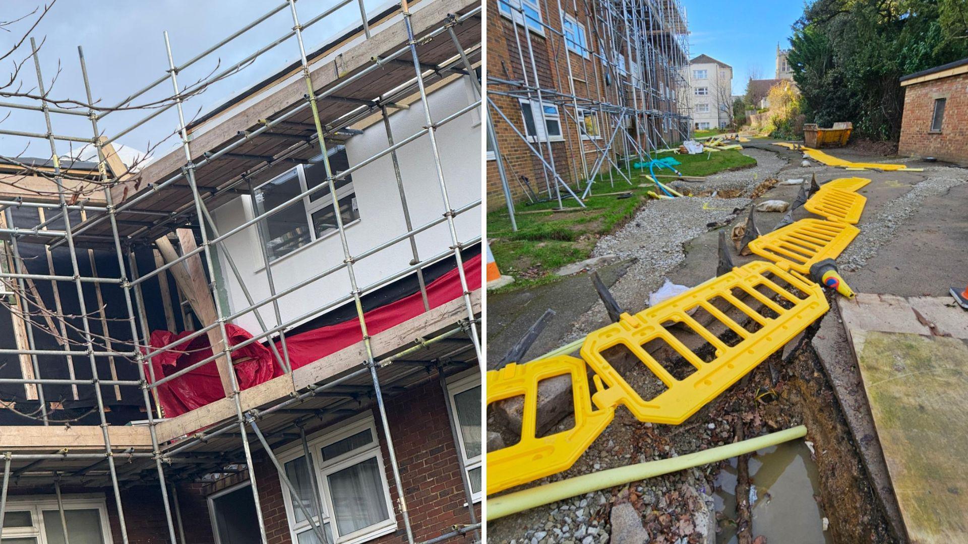 Two images. Left showing a building wrapped in scaffolding, the right a path next to the building with yellow barriers lying on the ground.