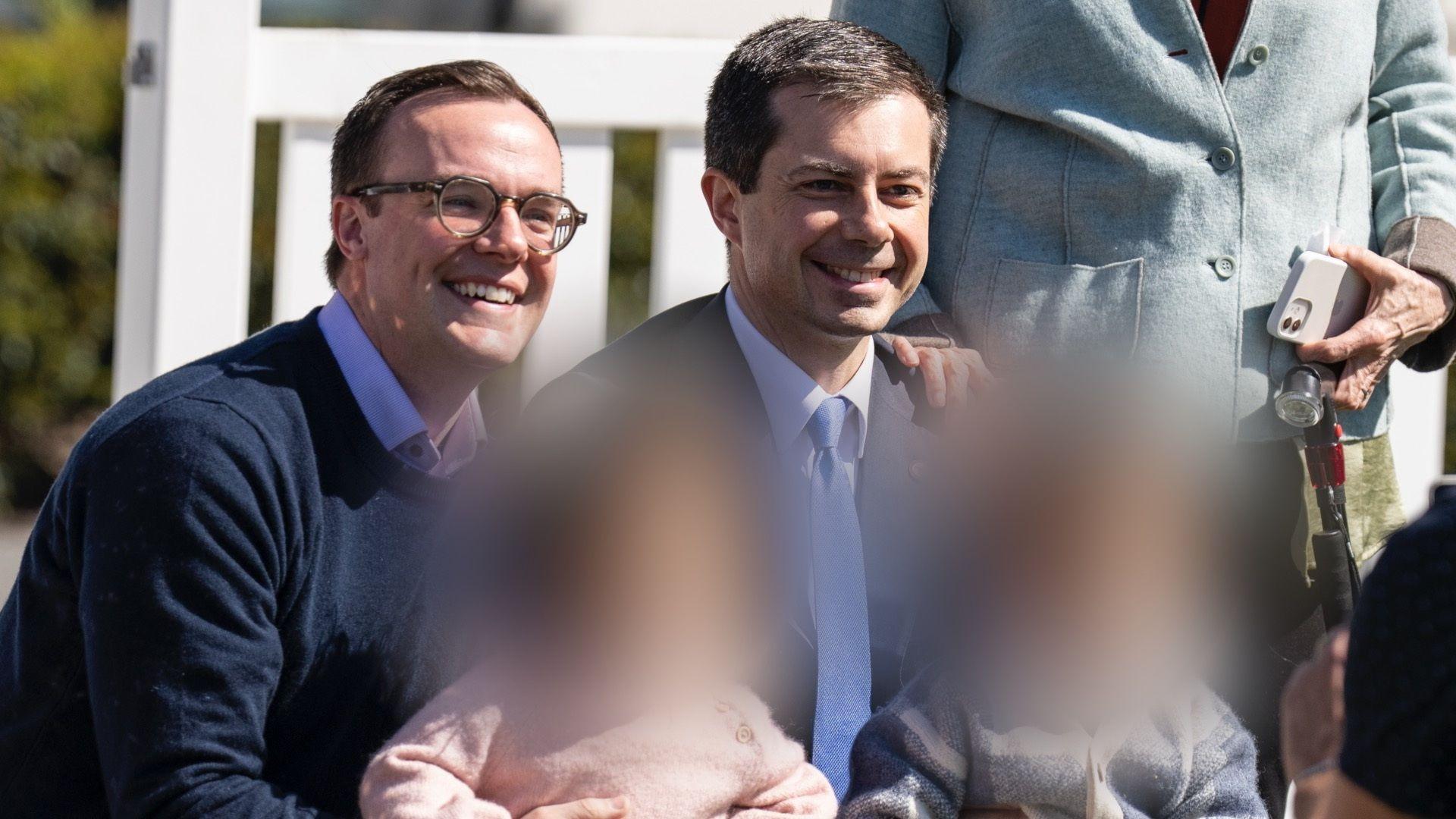 Then- U.S. Secretary of Transportation Pete Buttigieg (R) and husband Chasten Buttigieg and their children Penelope and Gus attend the annual Easter Egg Roll on the South Lawn of the White House on April 10, 2023 in Washington, DC. 