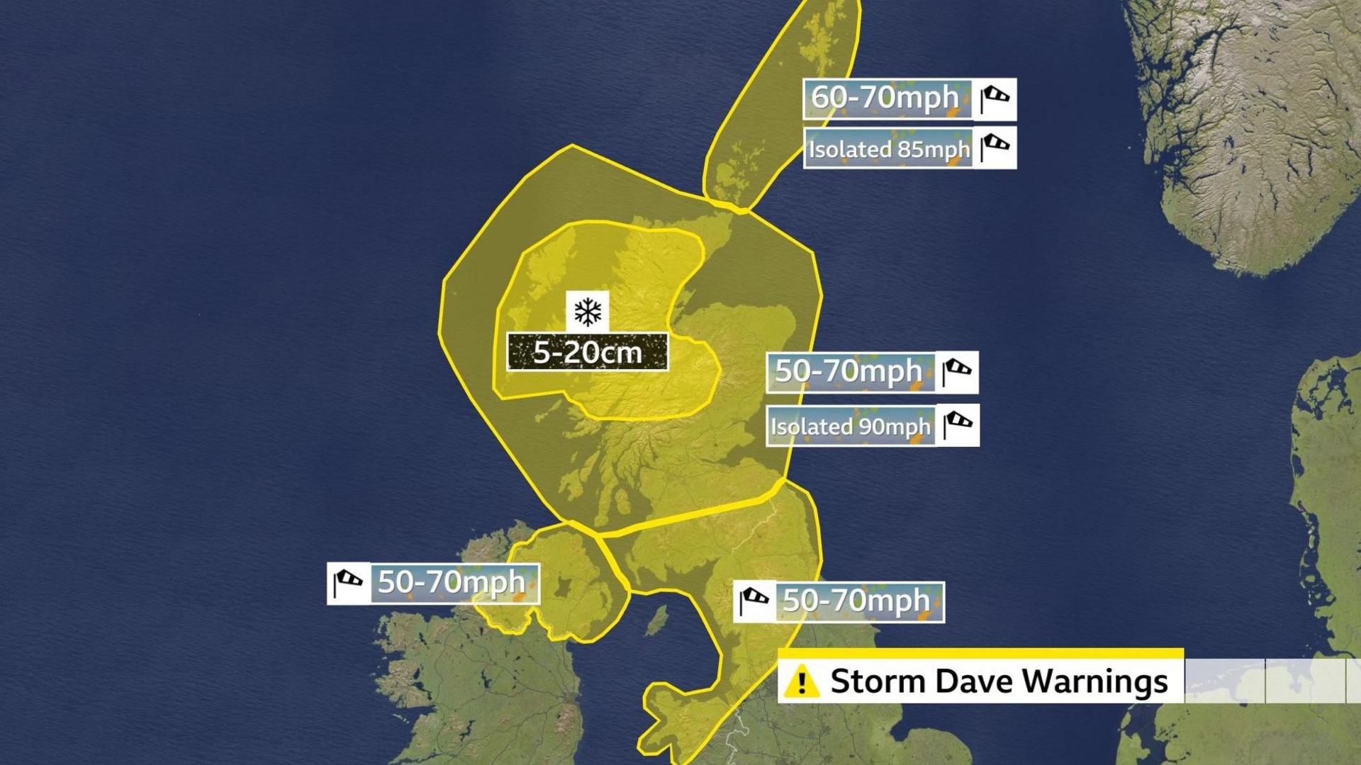 A weather map showing yellow warnings across the north of the UK