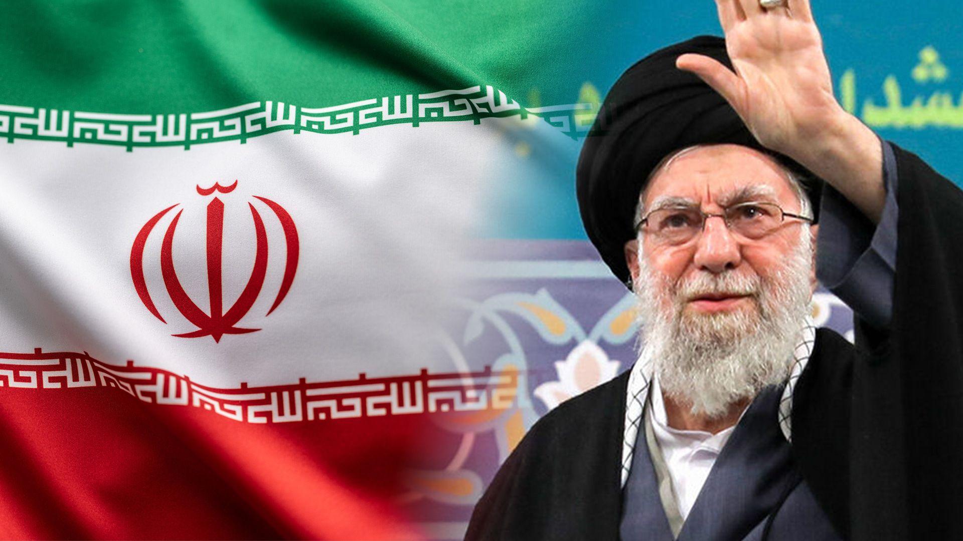 The flag of Iran and Iran's former supreme leader, Ayatollah Khamenei