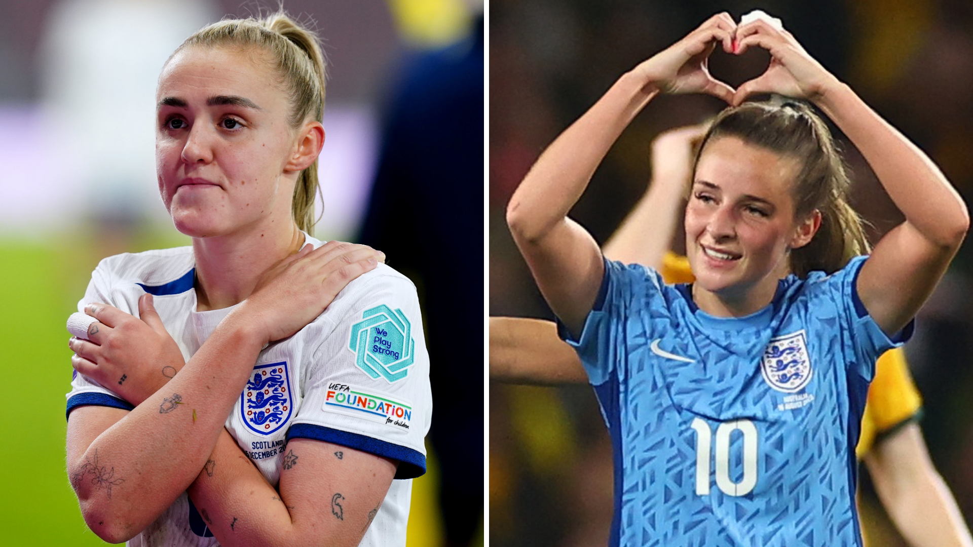 A composite of Lionessess Georgia Stanway, who is on a football pitch during an England game, and Ella Toone, who is also on a pitch during an England game. Ella Toone is making a heart shape with her hands.