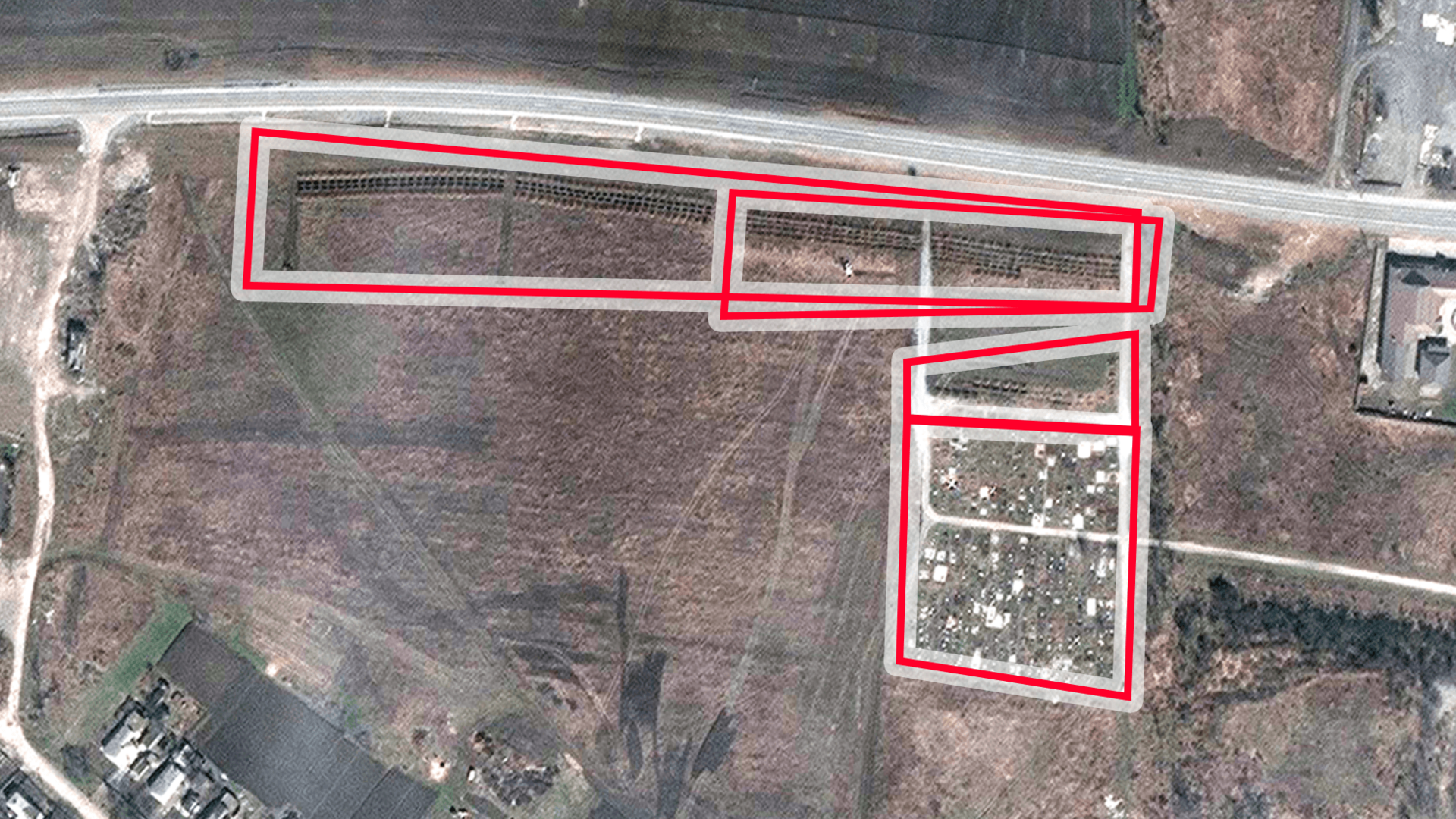 A satellite image by Maxar purportedly showing four sections of linear rows of graves near Mariupol