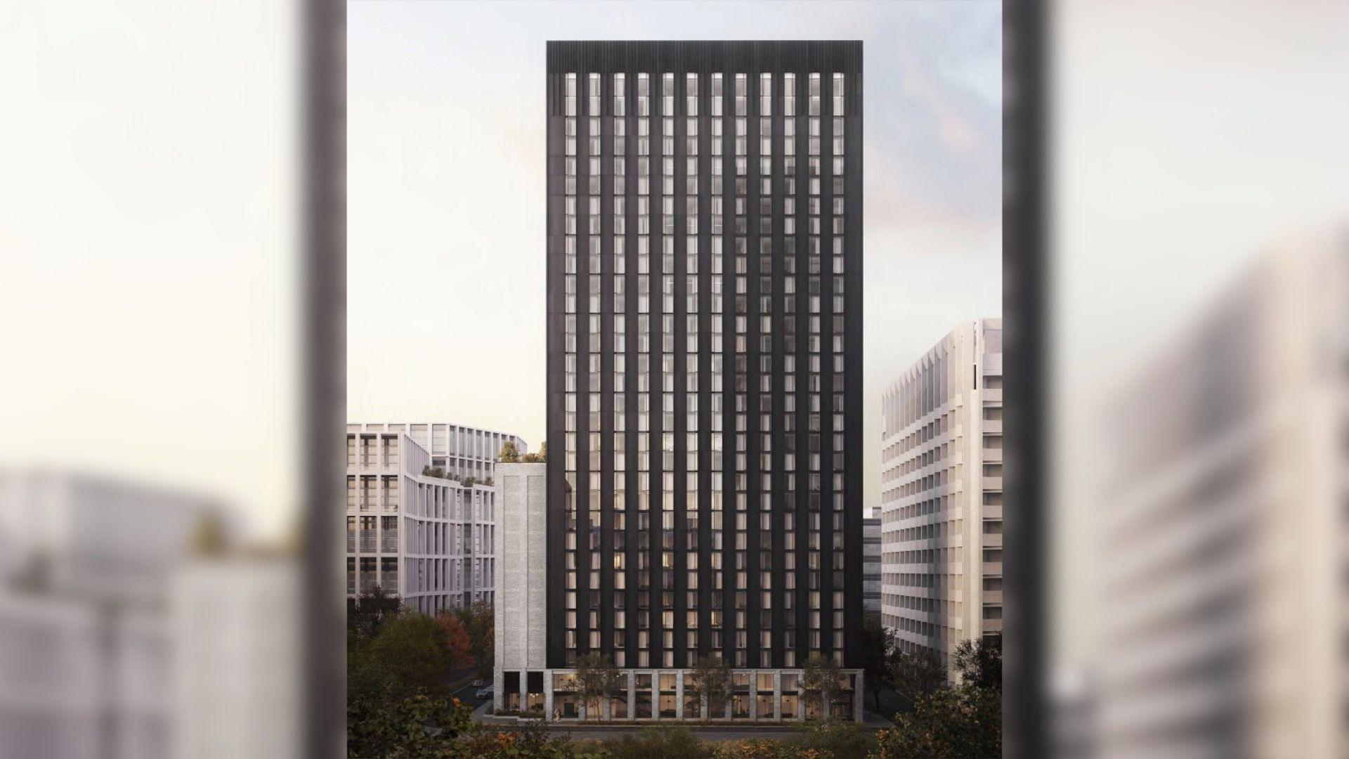 Close up artist's impression of the dark grey 33-storey building with the smaller 12-storey light grey structure attached to the left side