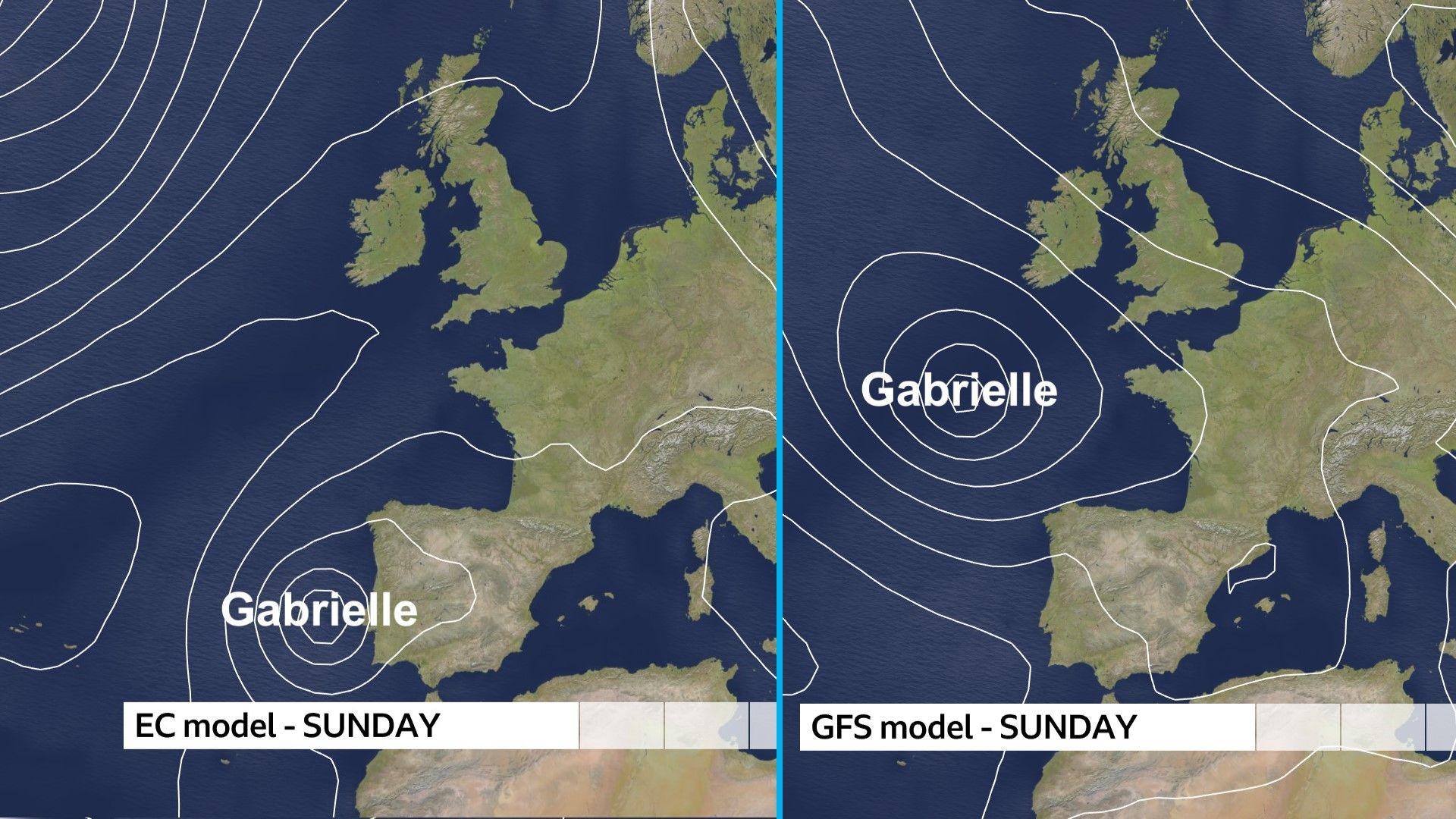 Pressure charts for two different models showing Gabrielle in different places. EC model on left shows a deep low near Portugal. GFS model on right shows a deep low near Biscay.