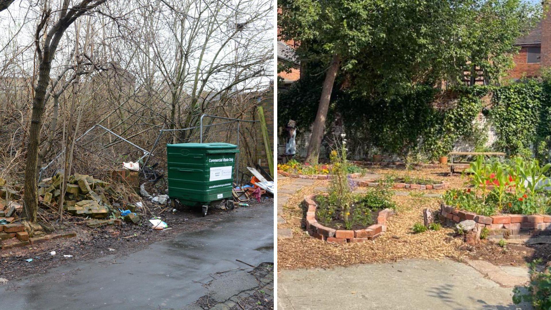 Two images. Left, an path of cracked tarmac runs beside a patch of lad completely overgrown by brown foliage. Amongst the branches, there are piles of bricks and displaced metal fencing. A large green bin on wheels stands on the path, with piles of rubbish beside it.
Right, colourful plants sit in flower beds made with brick borders. A green tree blossoms in the background giving shade to a scarecrow.