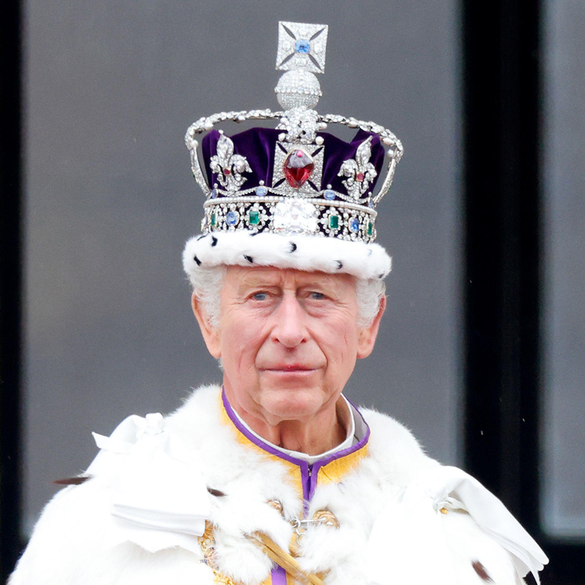 King Charles wearing a bejewelled crown on the day of his coronation