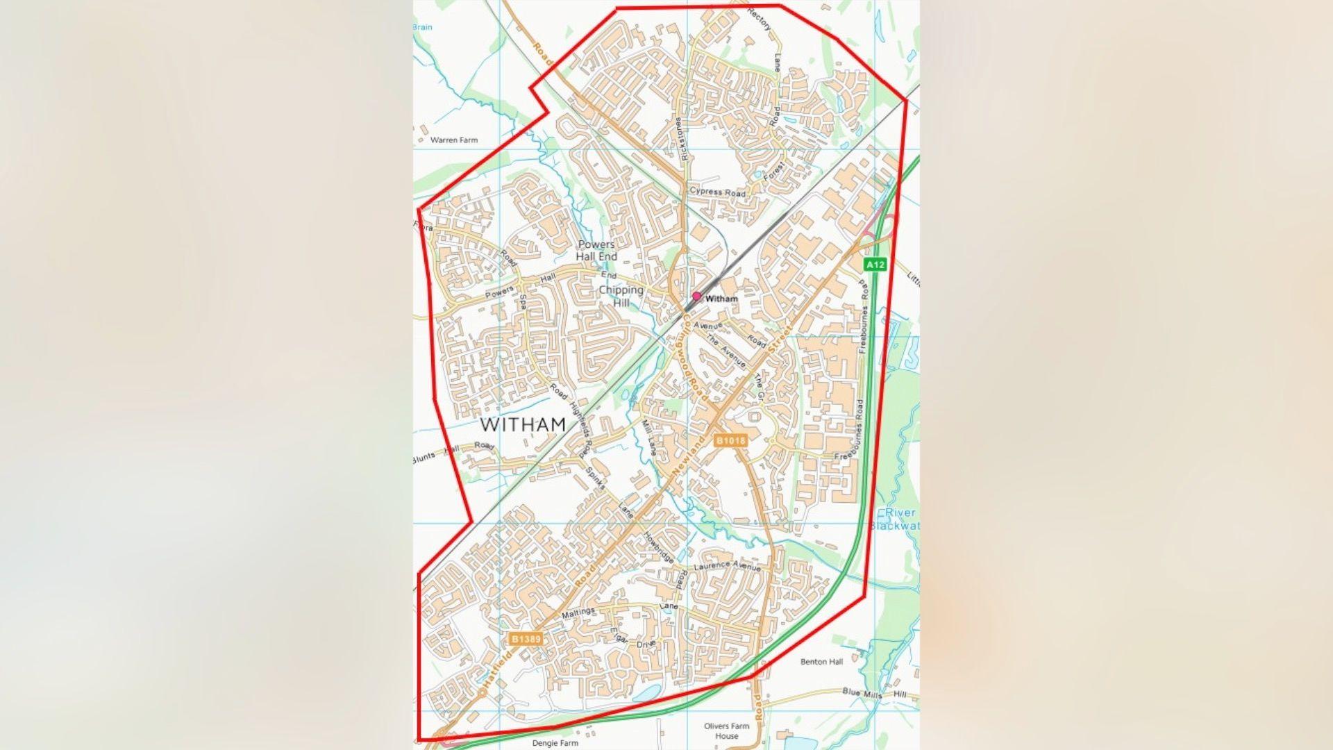 A printed map showing a red line drawn around the town of Witham.