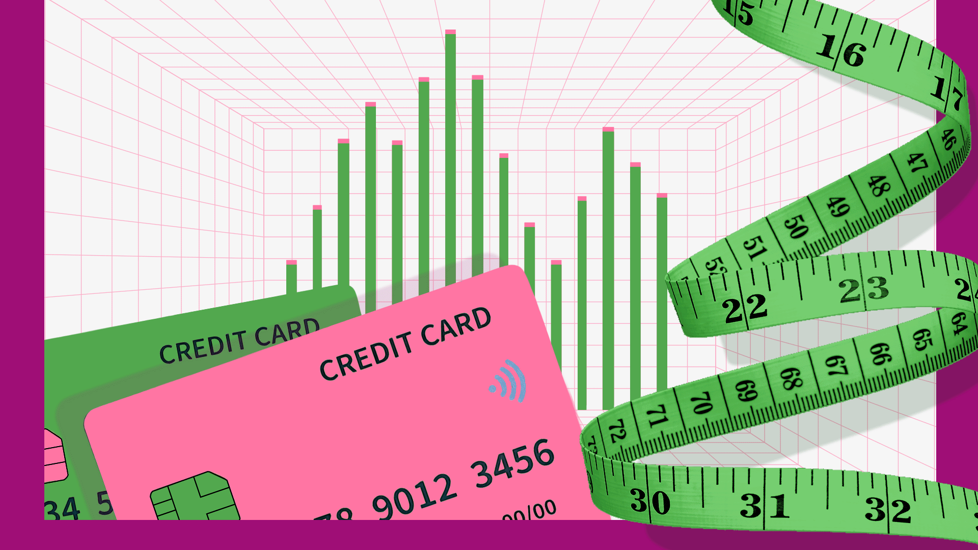 Illustration of two credit cards, one pink, one green, next to a green measuring tape, and against a grid-style background with a green bar chart.
