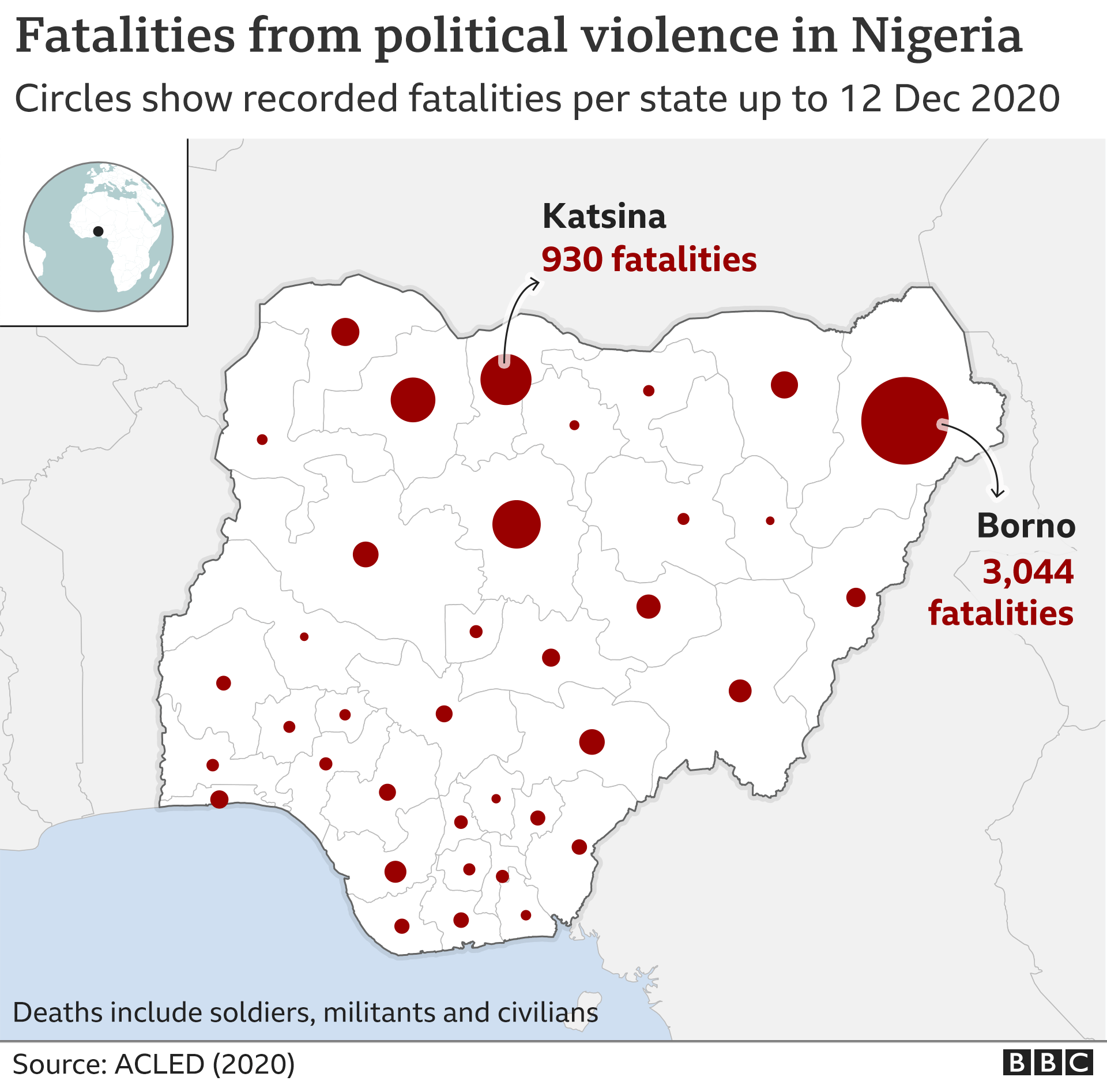 A map of Nigeria showing the concentration of deaths in each state