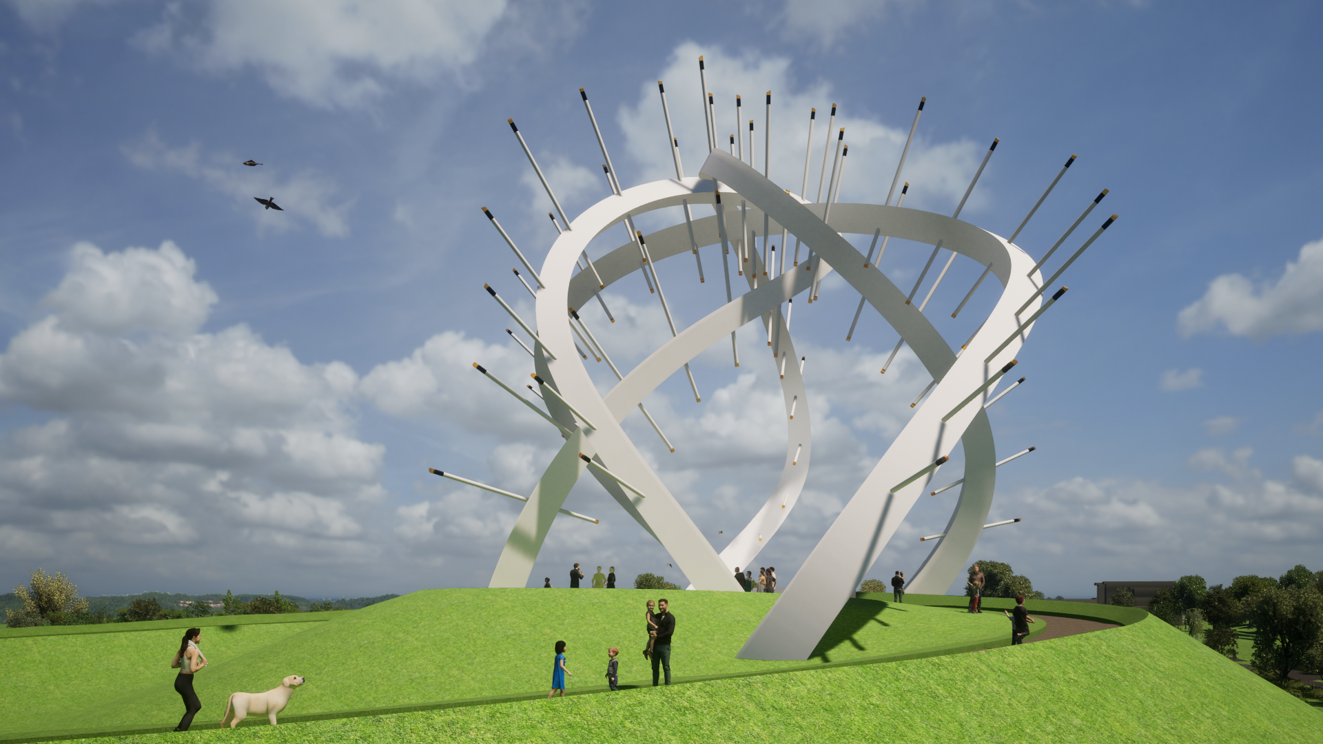 A view of how the Star of Caledonia might look with a spiral structured artwork in a green landscape and people gathered around it