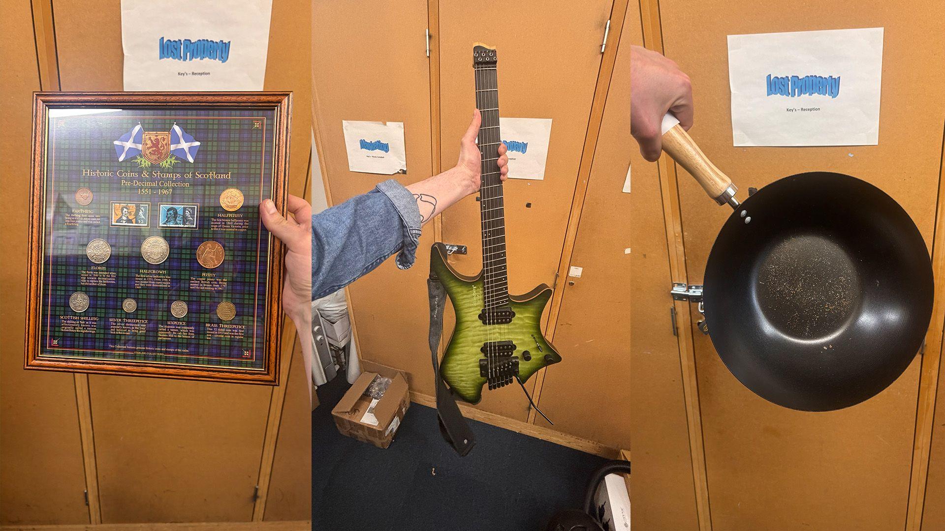 On the left is a photo of coins and stamps of Scotland, in the middle is a photo of a guitar and on the right is a photo of a wok.
