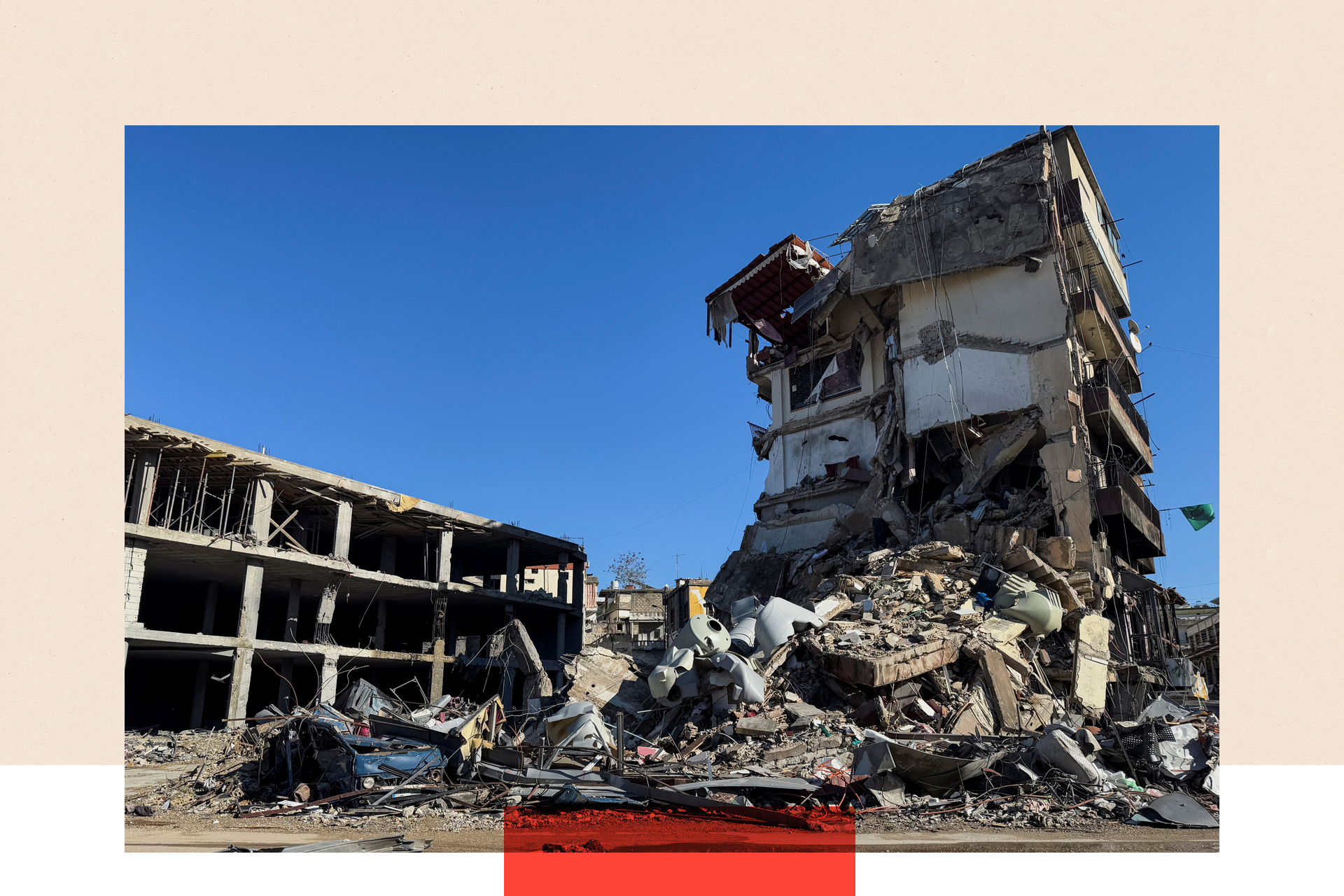 A treated image showing buildings in ruins after an Israeli strikes in Southern Lebanon 