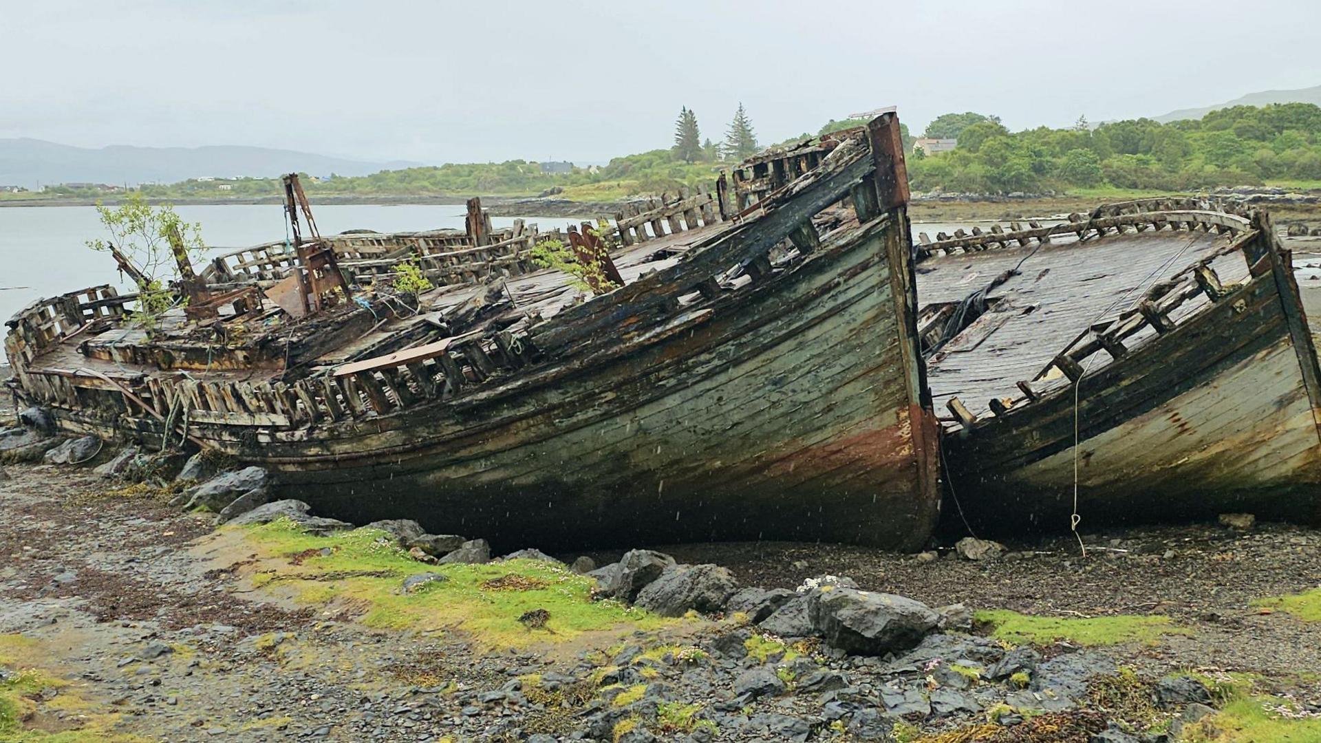 Two wooden boats lying off to one side on dry ground next to open water. The boats are in a poor state of repair with no masts and foliage growing out of some areas. 