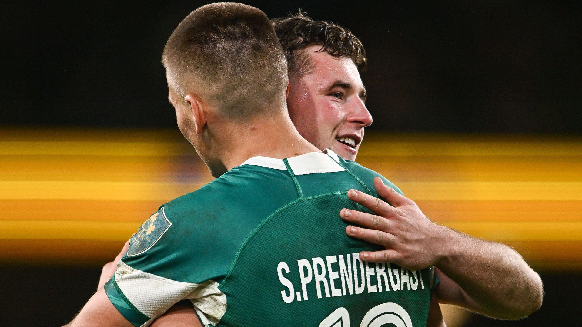 Sam Prendergast and Gus McCarthy celebrate after Ireland's win over Fiji