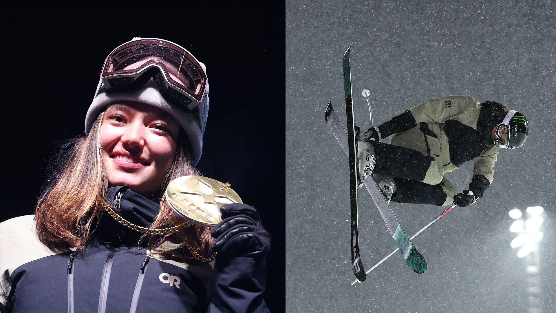 Two images of Zoe Atkin side by side. In the left image she is holding her gold medal and smiling. She is in her ski gear with her goggles on her head. In the image on the right she is performing a trick in the air on her skis. It is night time and you can see lots of snow in the flood lights. 
