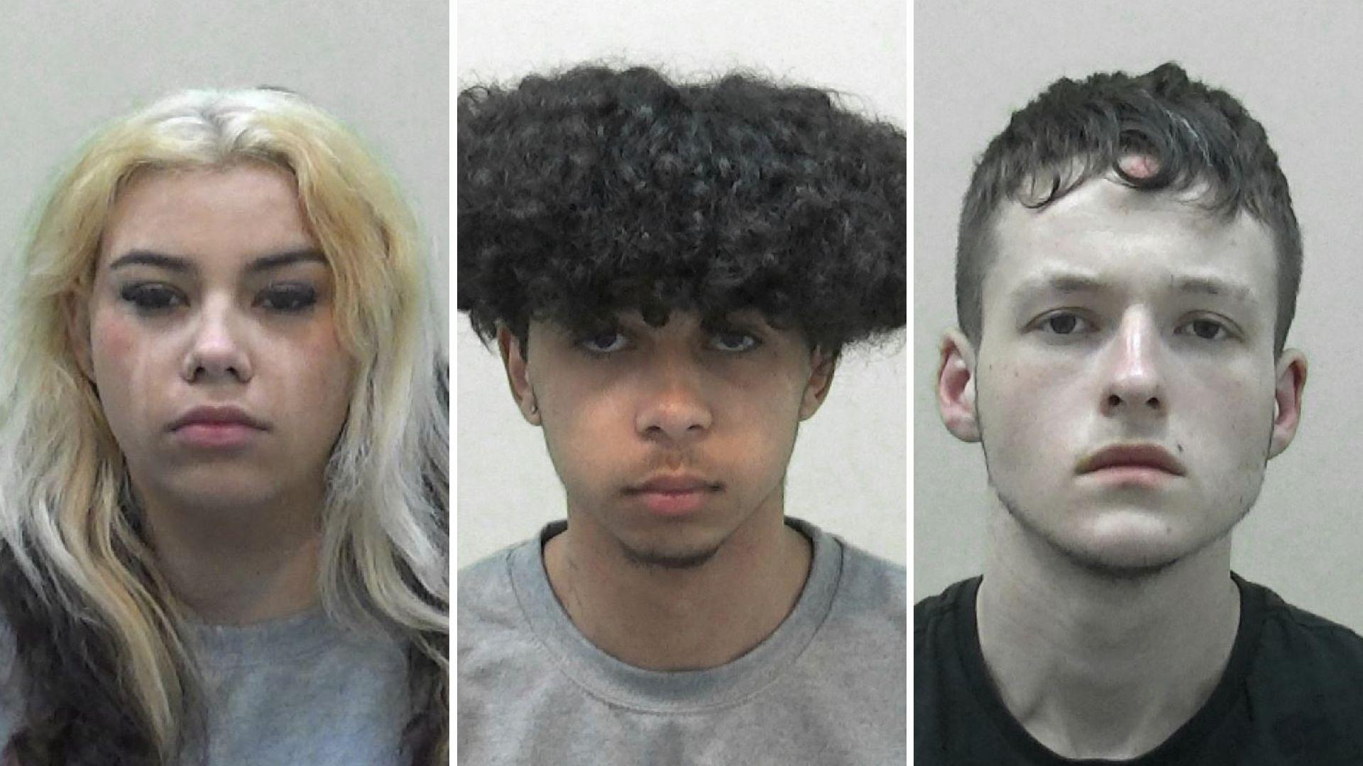 Mugshots of three young people. On the left is a girl with thick dyed blonde hair, wearing mascara and streaks on her cheeks suggest she has been crying. In the  middle is a young man with a wispy goatee beard and large curly hair. On the right is a young man with short brown hair.