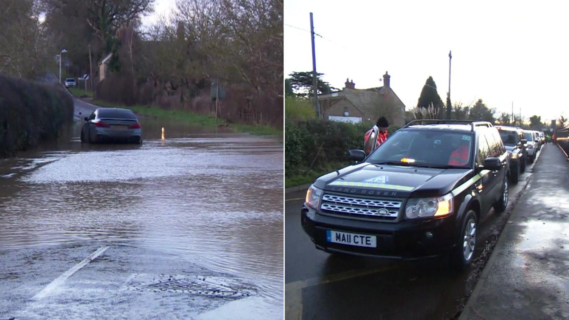 4x4 vehicles driving through flood water. 