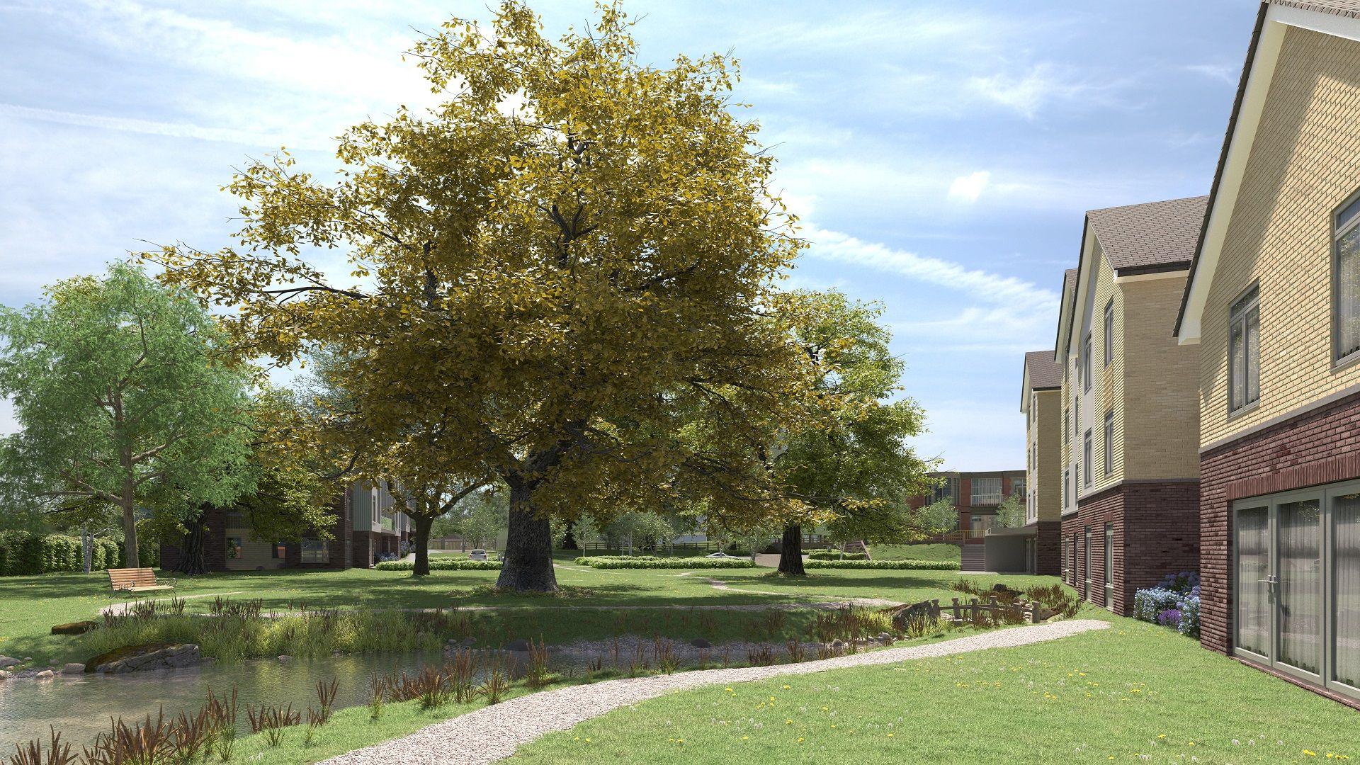 A computer generated pond, shaded by computer generated trees and bounded by green computer generated lawns and paths, with computer generated buildings nearby