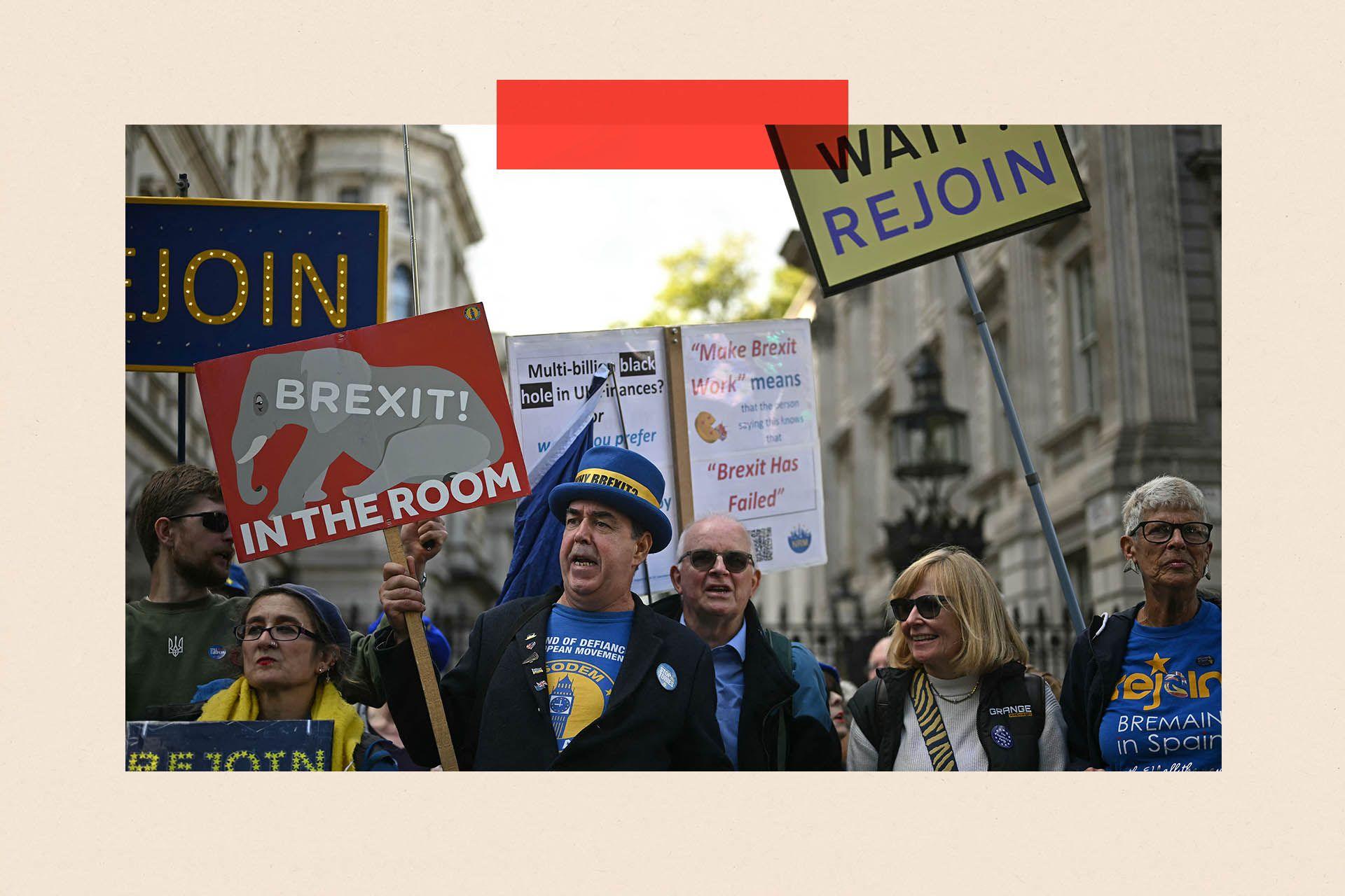 Political activist Steve Bray (C) joins protesters holding up banners during a National Rejoin March, outside the gates of Downing Street in central London