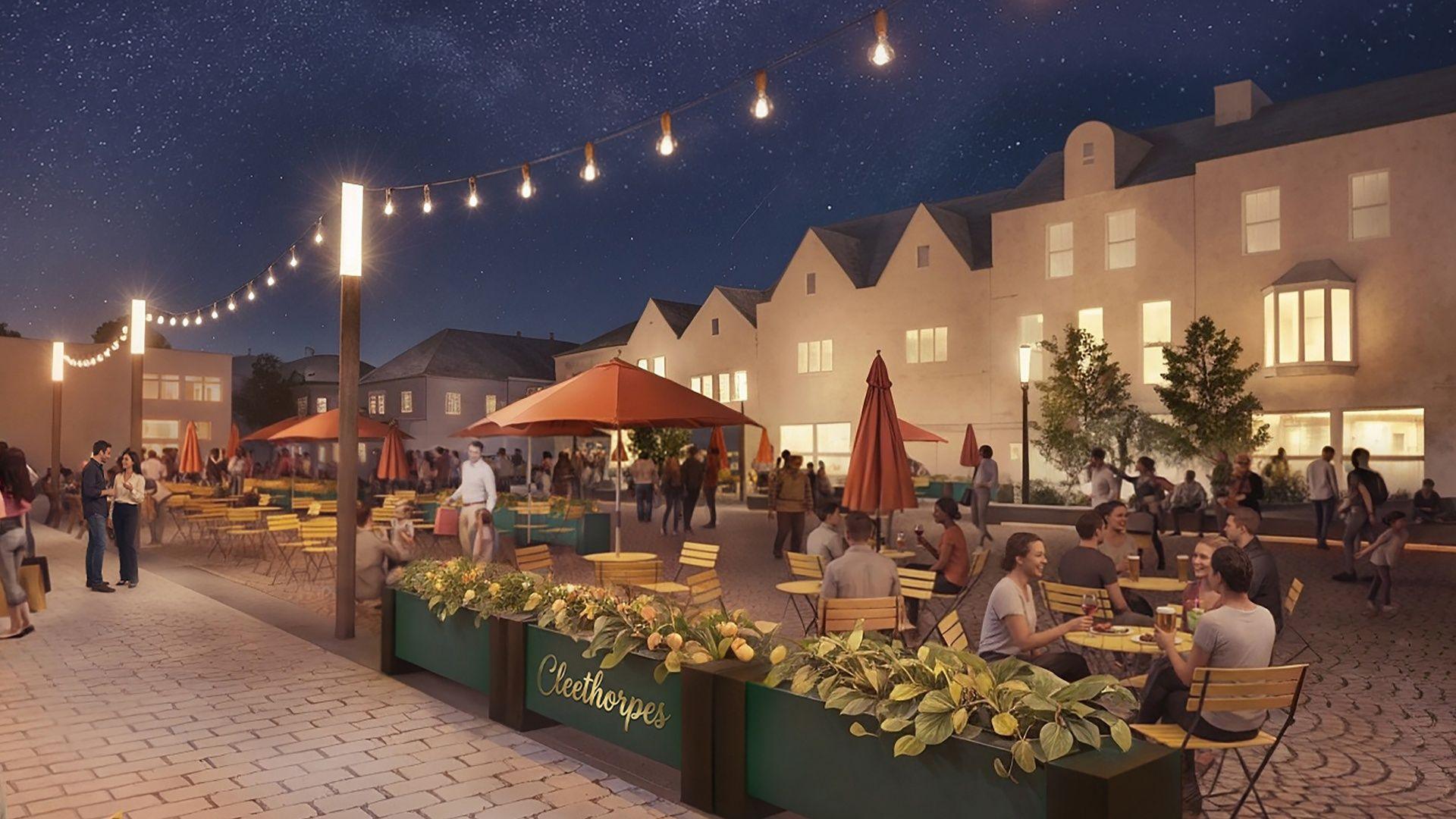Artist impression of the redeveloped square with diners sitting at outside tables, planters and rows of lights hanging from posts.