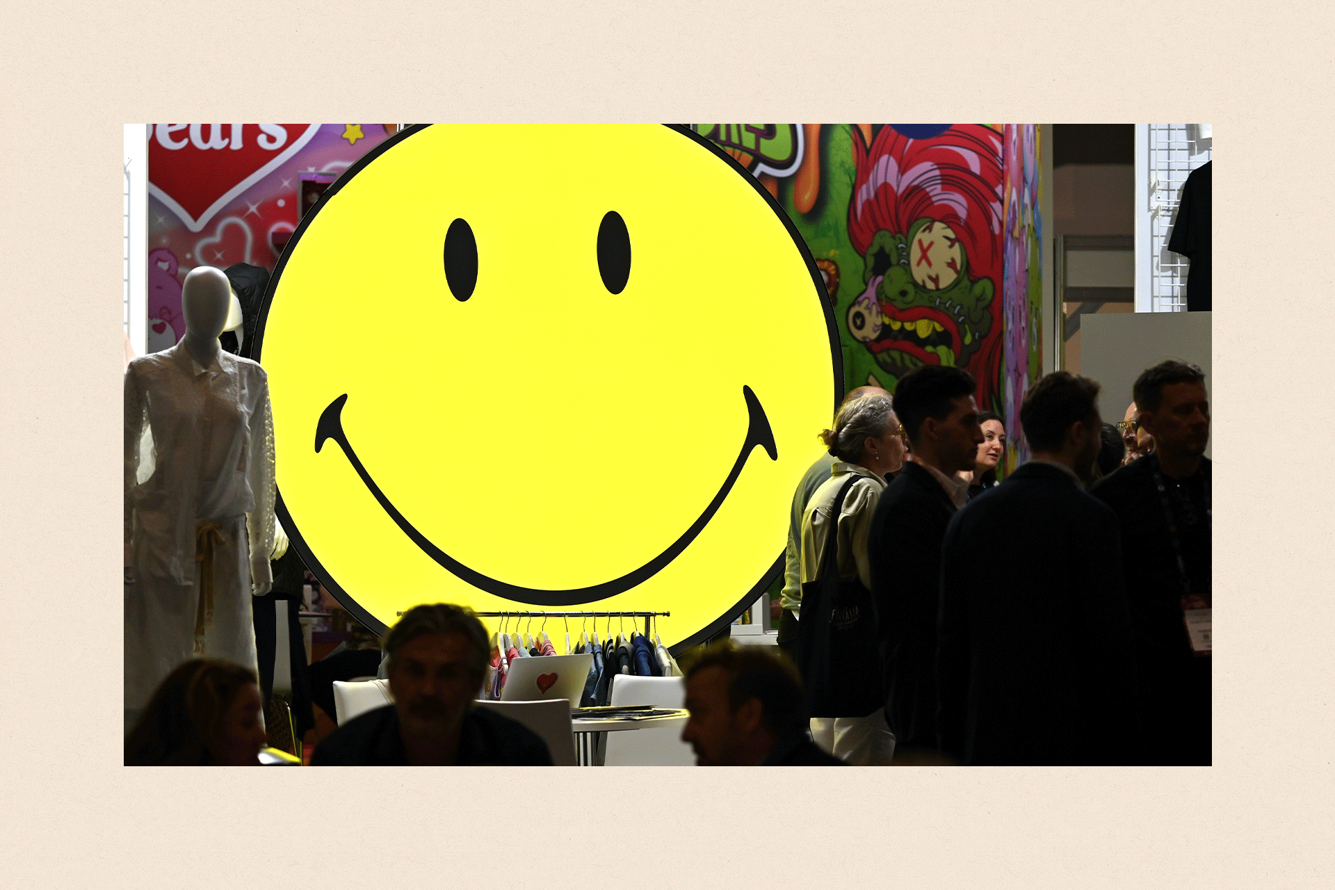 A large yellow smiley face on display