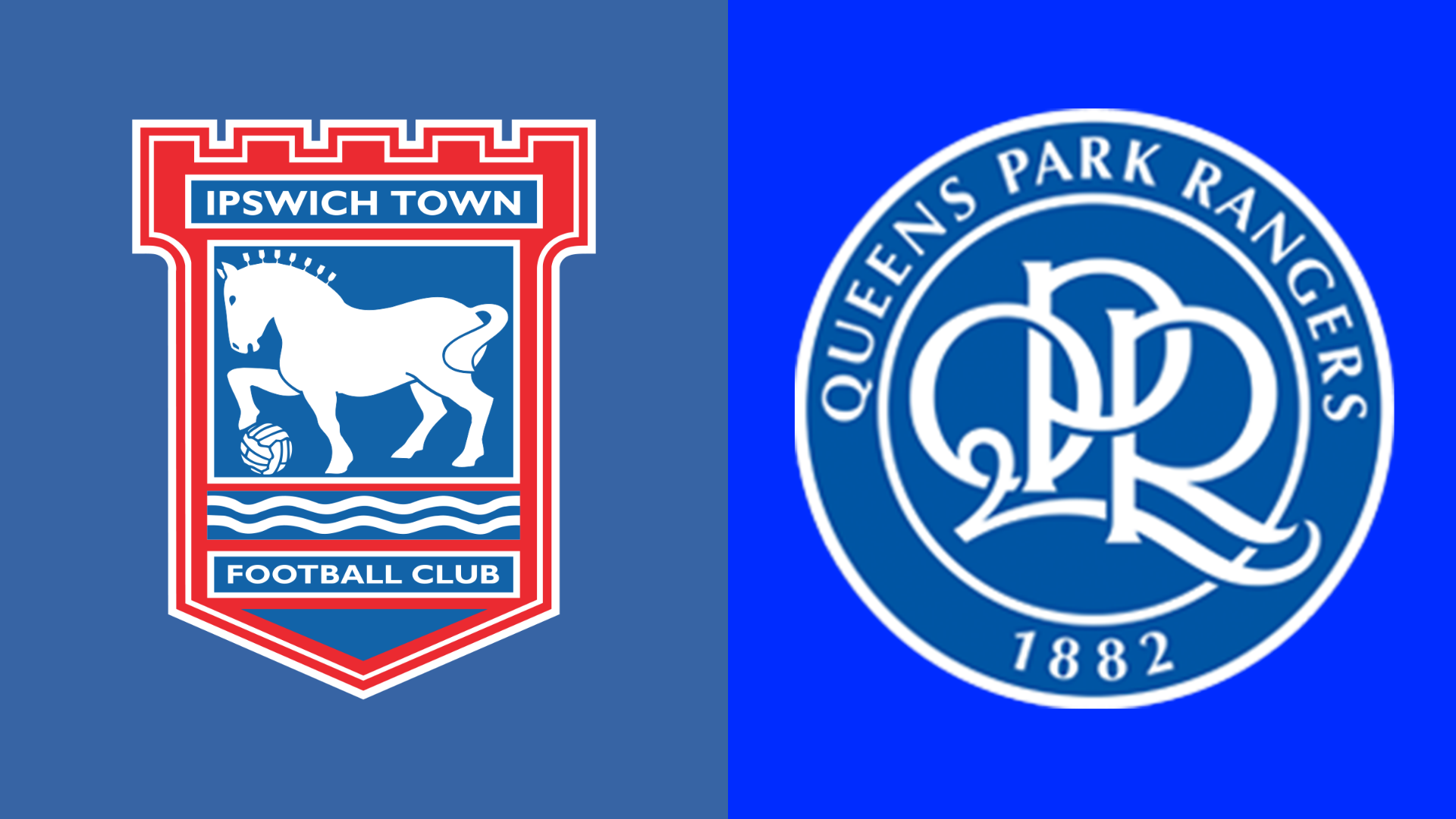 The club badges of Ipswich Town and QPR side by side with both on blue backgrounds