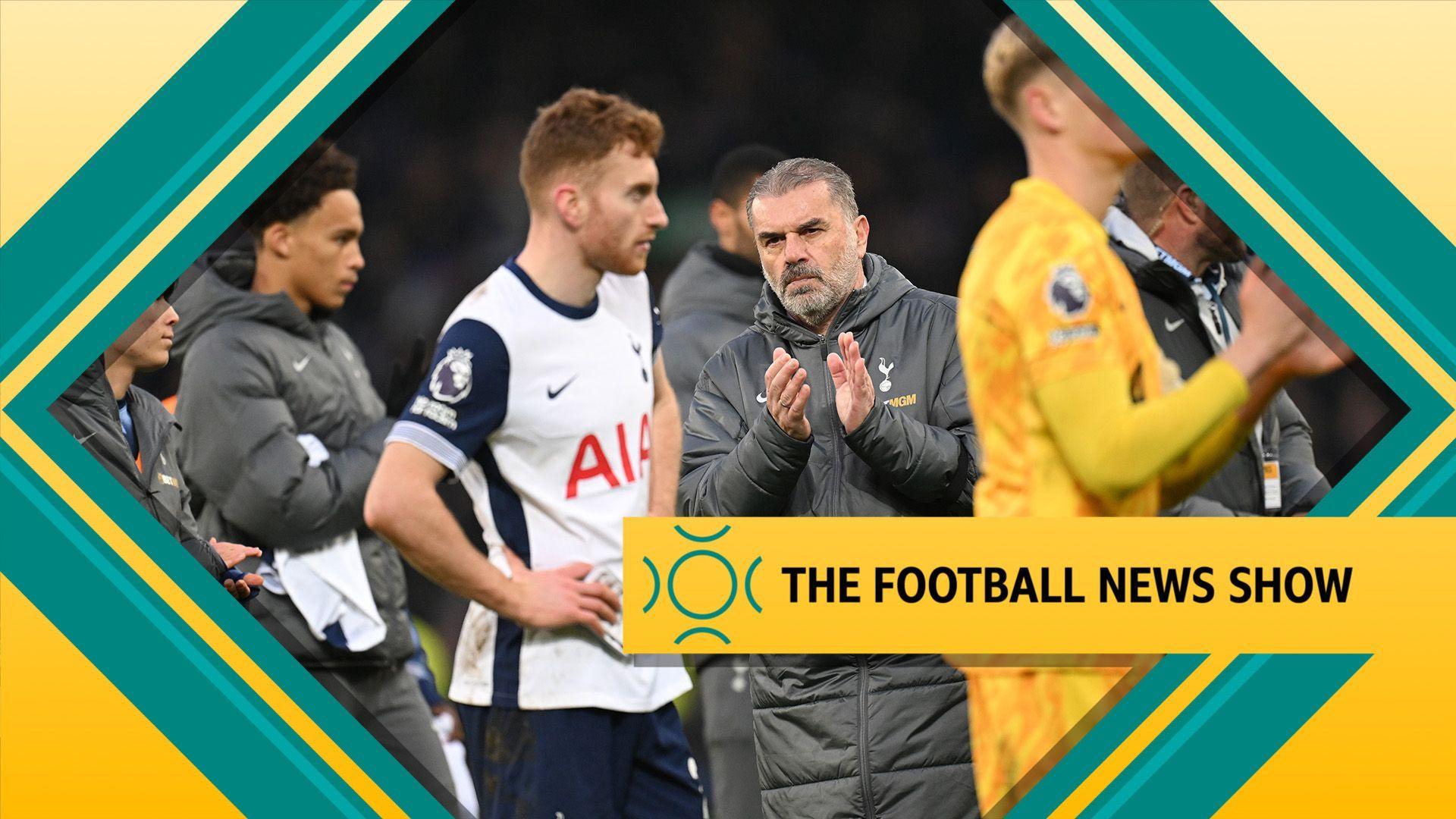 Tottenham players and Ange Postecoglou on a graphic for The Football News Show