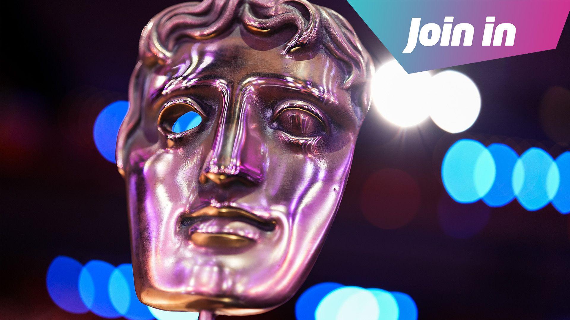 The iconic Bafta trophy which is shaped like a gold face mask. It is stood in front of blue and white blurred stage lights. In the top right hand corner is a graphic which says Join In