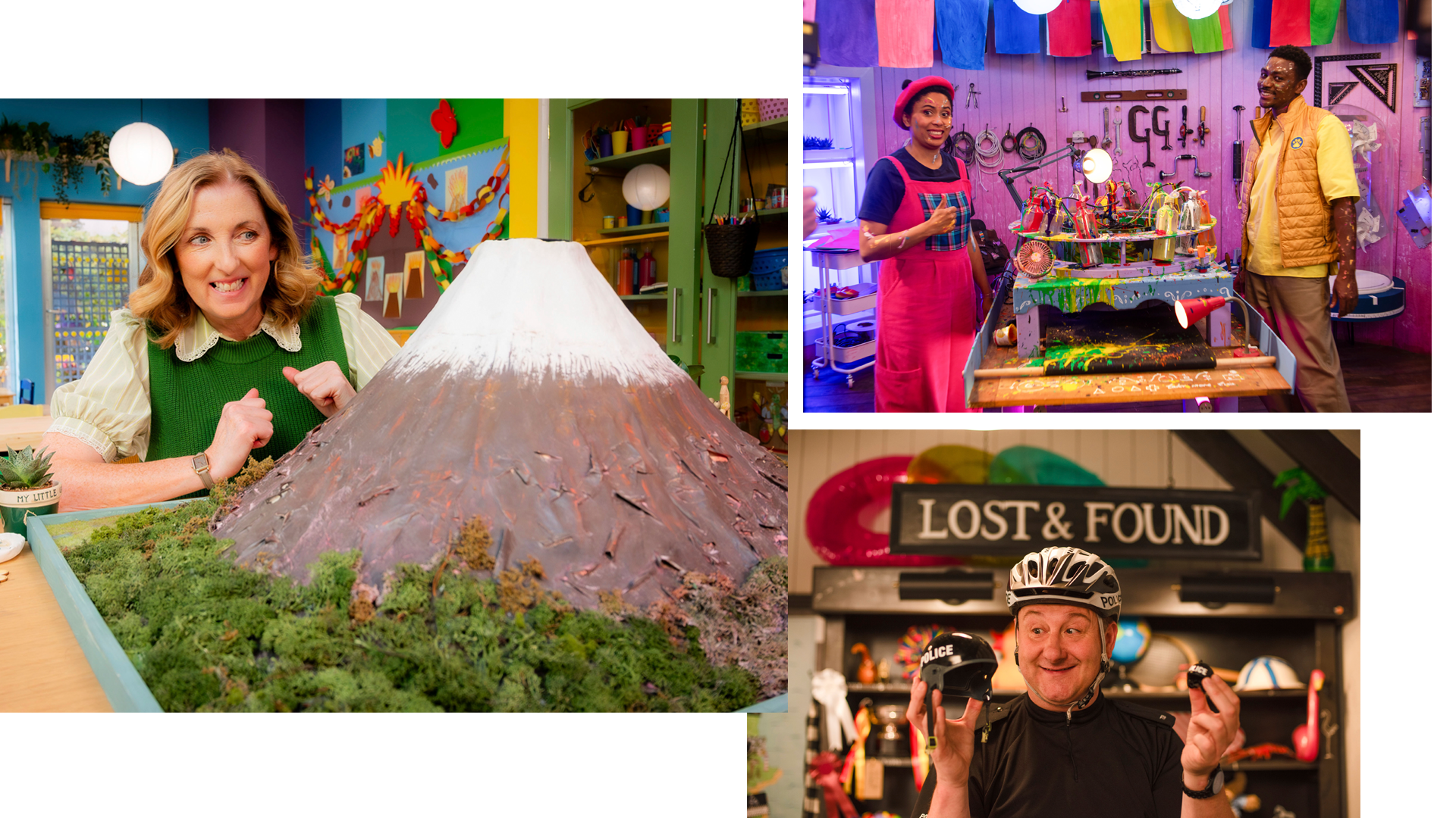 A collection of images from the new series of Balamory. Miss Hoolie (JULIE WILSON NIMMO) with the volcano model, PC Plum (ANDREW AGNEW) wearing a helmet and holding helmets. Ava Potts (DANIELLE JAM), and Dr Ollie (CARL SPENCER) try the painting machine to make a new story book.