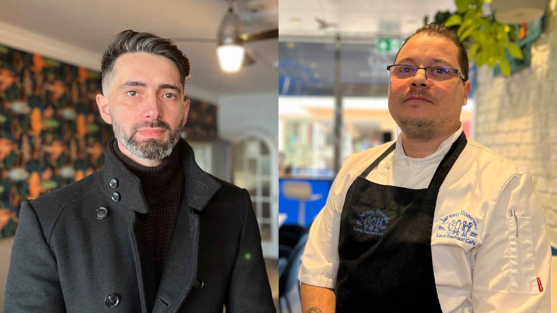 Florin and Viorel look at the camera in seperate photos. Florin is wearing a smart, long black coat with a black turtle neck jumper underneath. He has short, grey hair and a beard. Viorel is in chef whites with a blue bib and is wearing glasses.