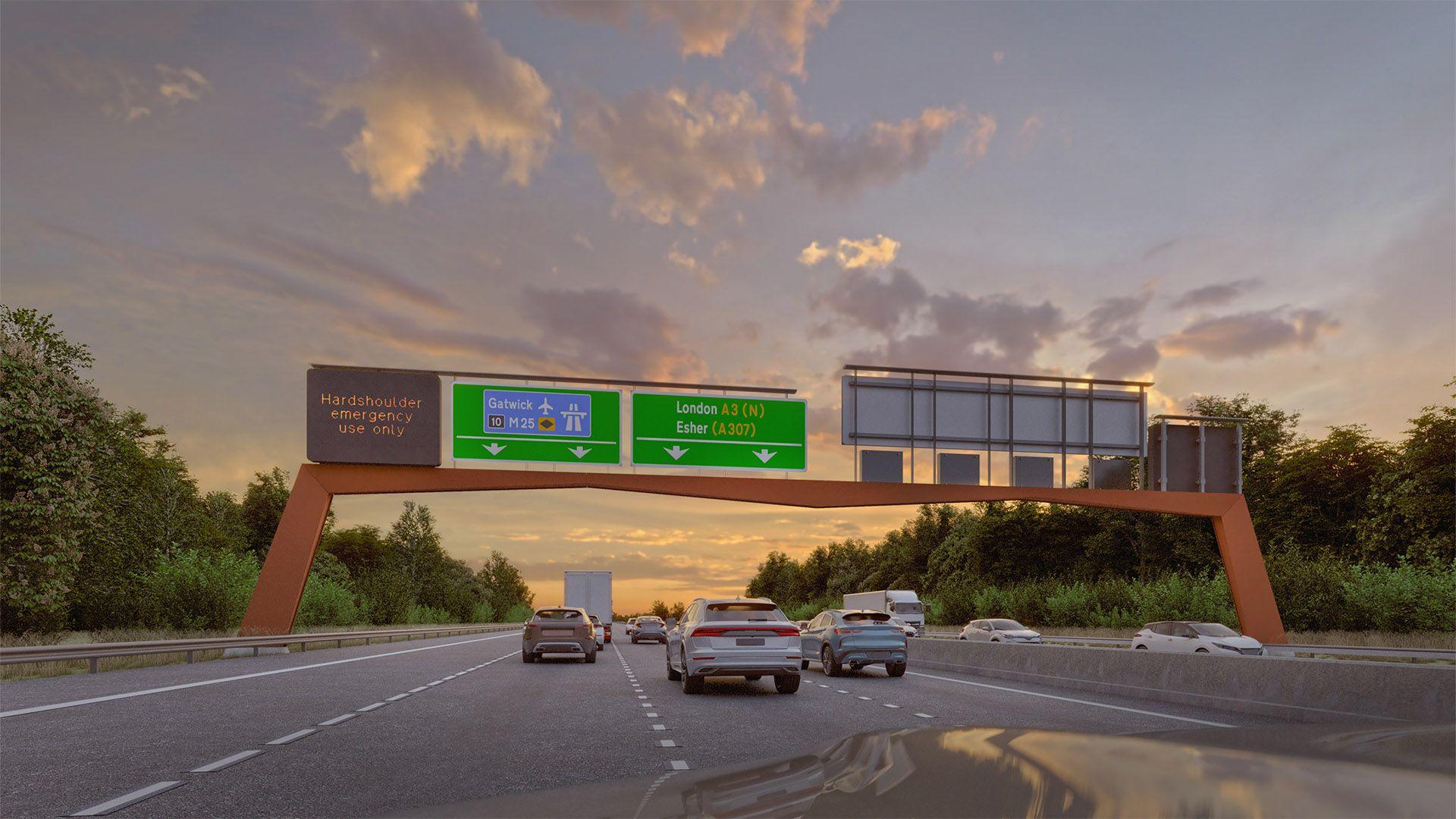 A CGI image of part of the new Lower Thames Crossing between Essex and Kent. Cars can be seen driving on three lanes with signage above listing Gatwick Airport, London and Esher. 