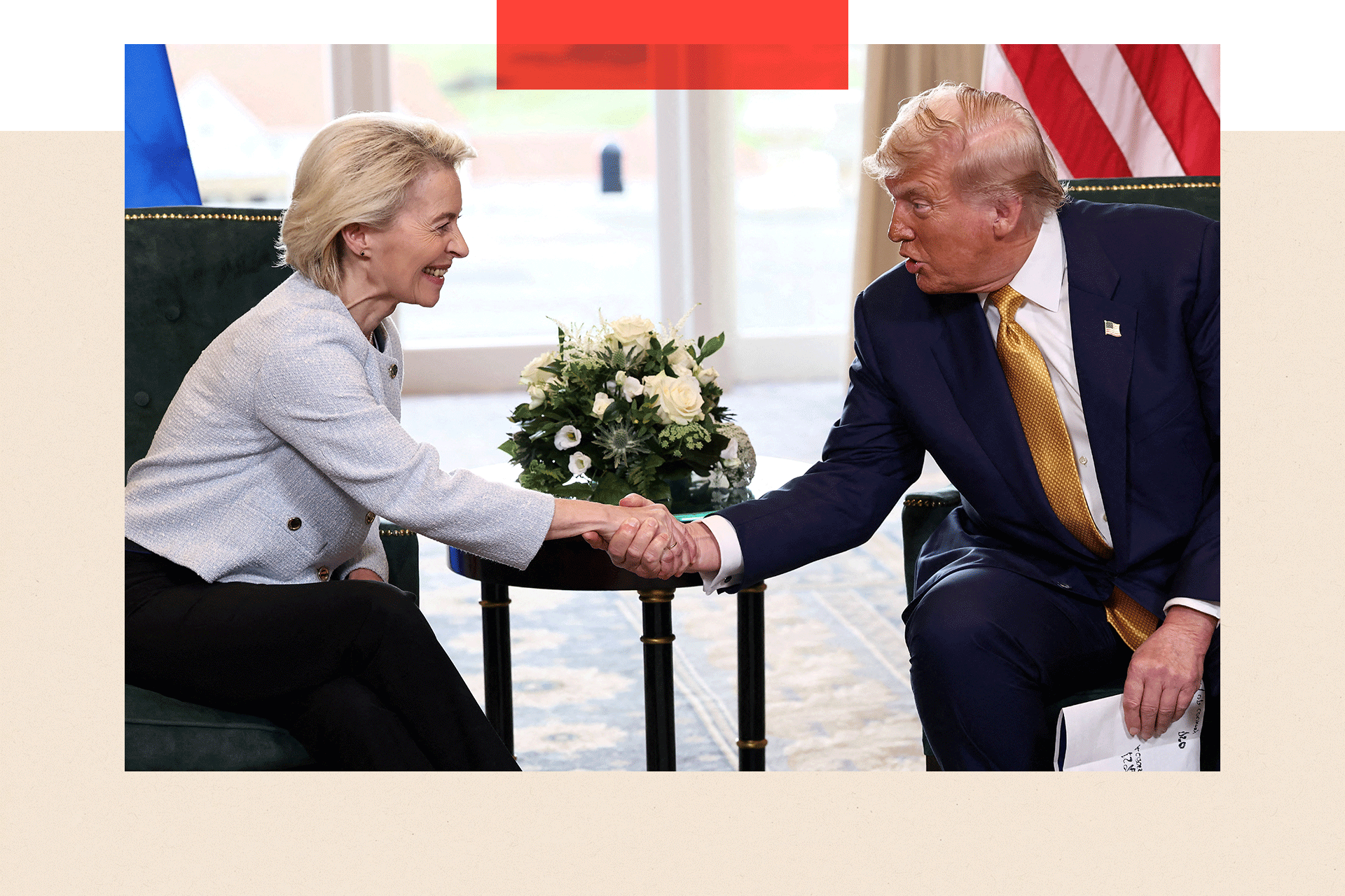 U.S. President Donald Trump shakes hands with European Commission President Ursula von der Leyen