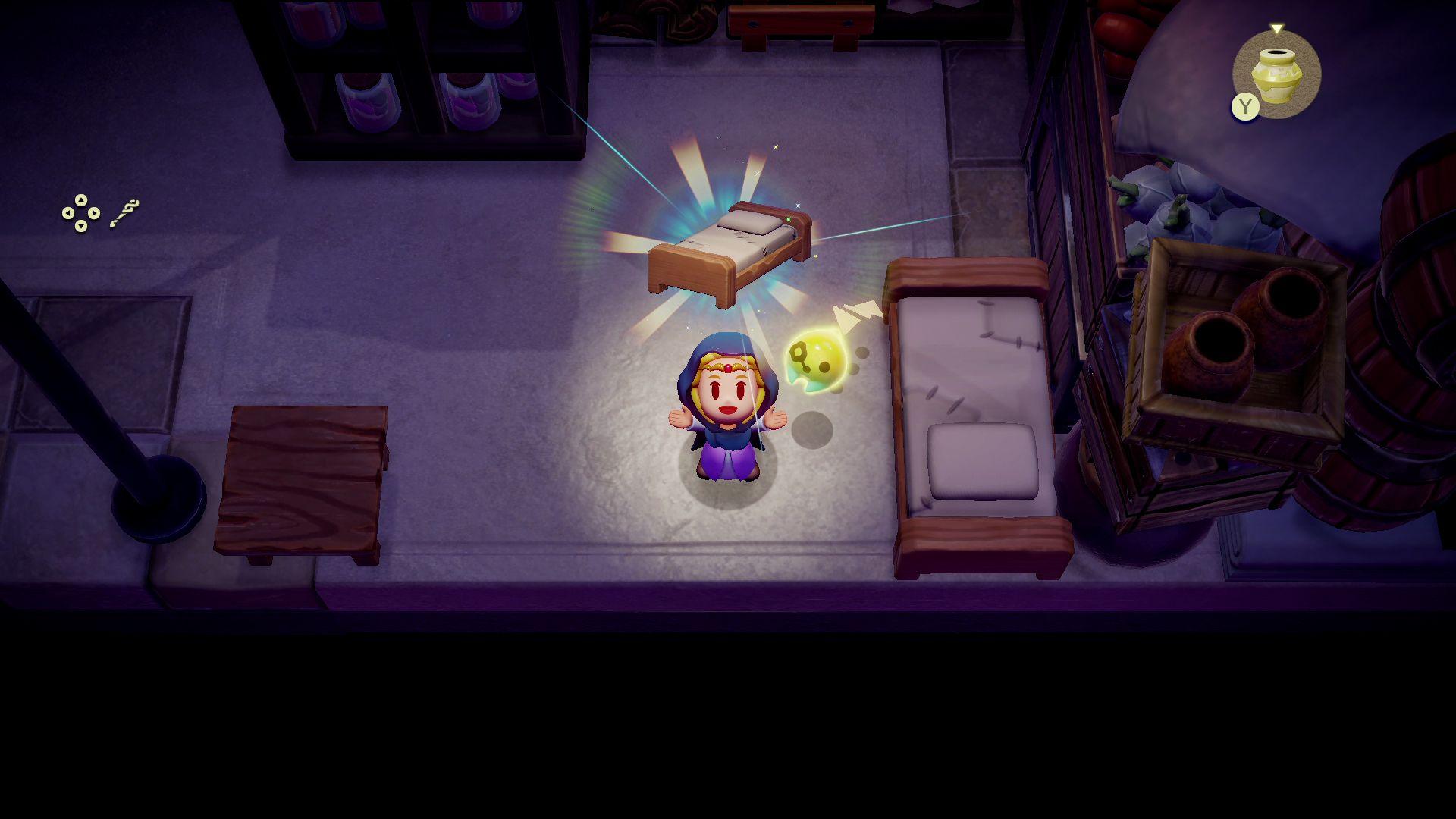 Screenshot shows a princess character in a dark, underground room. She's looking up at the viewer, her arms held wide in celebration, as a glowing bed icon floats above her head.