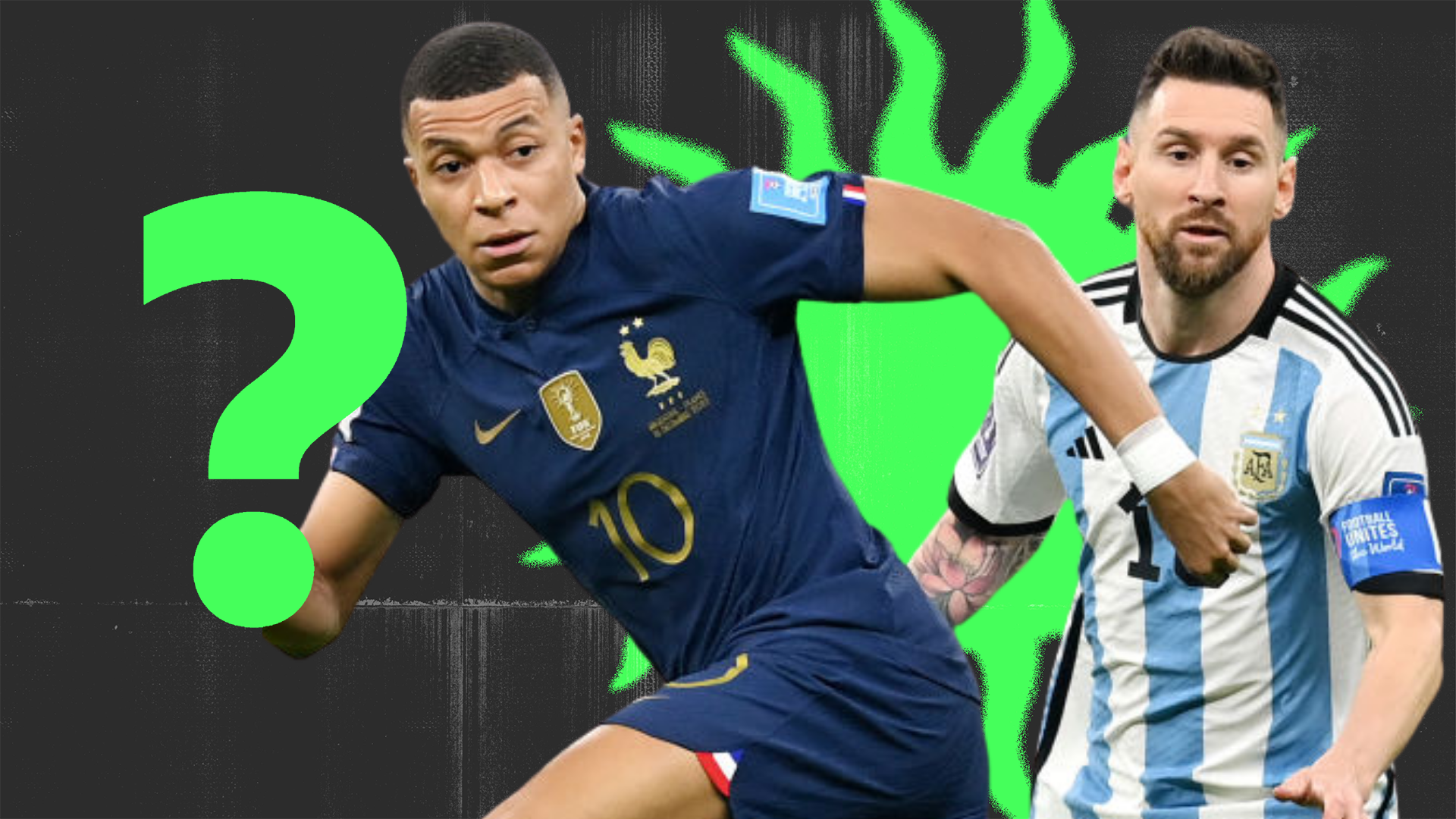 Lionel Messi and Kylian Mbappe next to a green question mark