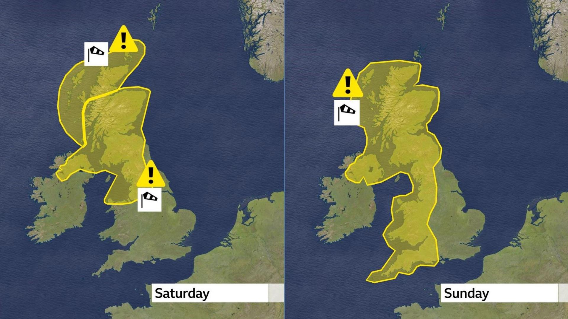 Two UK weather maps, one showing yellow warnings in Scotland, Northern Ireland, northern England and the north coast of Wales on Saturday and the other showing a yellow warning in Northern Ireland, Scotland, Wales and western England on Sunday