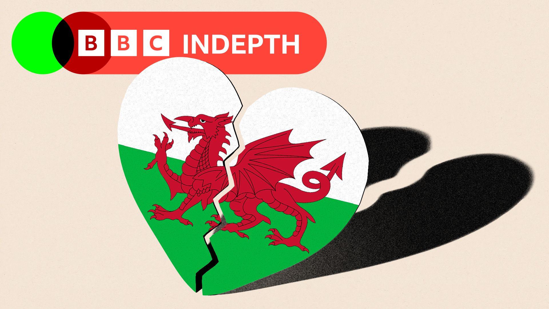 An edited image of a broken heart shape featuring the Welsh flag