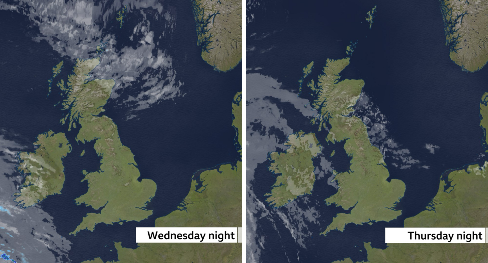 Two maps of the UK for Wednesday night and Thursday night.  Both showing mostly clear skies across the UK