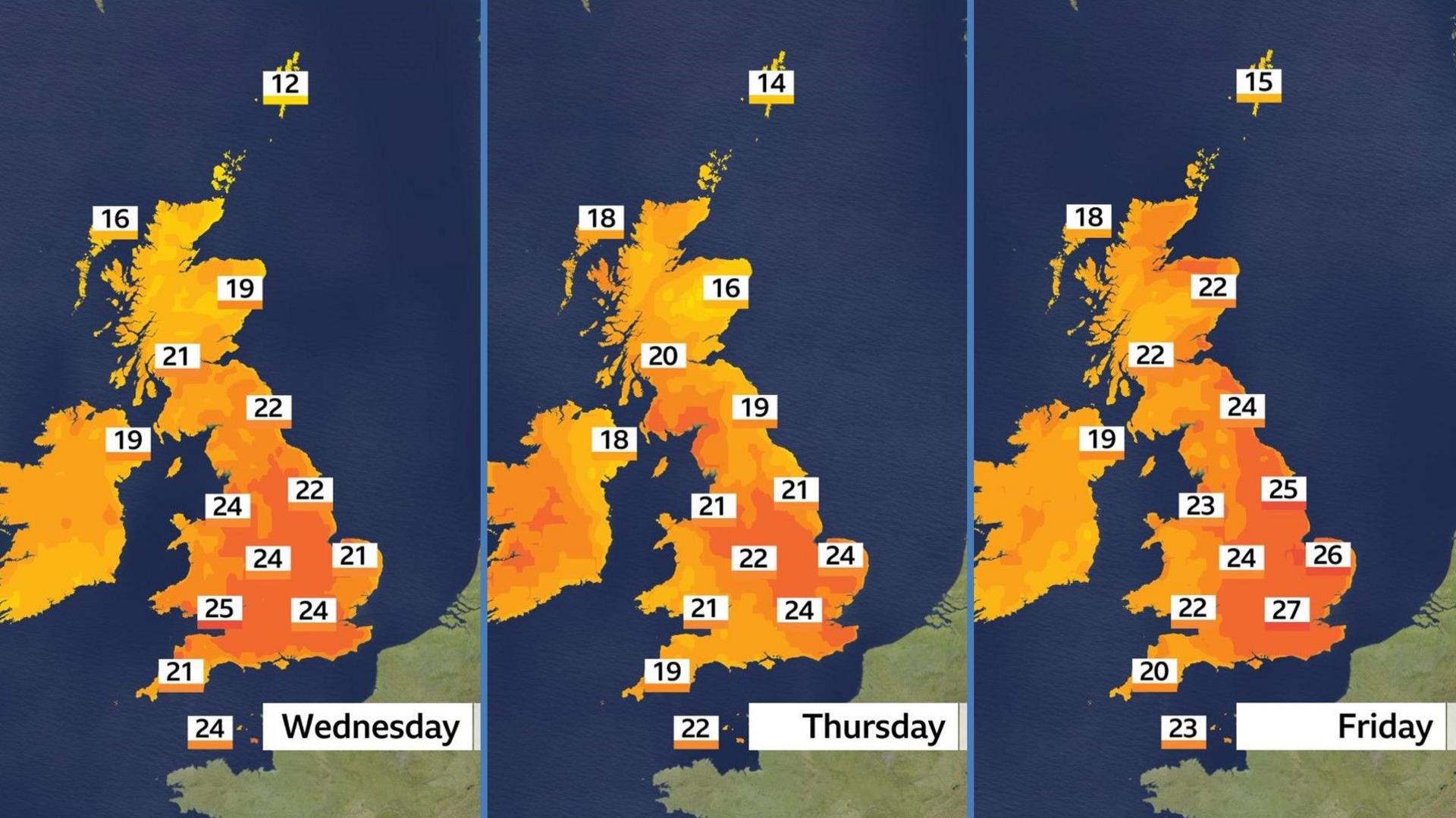 Three weather maps of the UK showing temperatures. On Wednesday, temperatures range from 12C in Shetland to 25C in Cardiff. On Thursday, temperatures range from 14C in Shetland to 24C in Norwich and London. On Friday, temperatures range from 15C in Shetland to 27C in London.