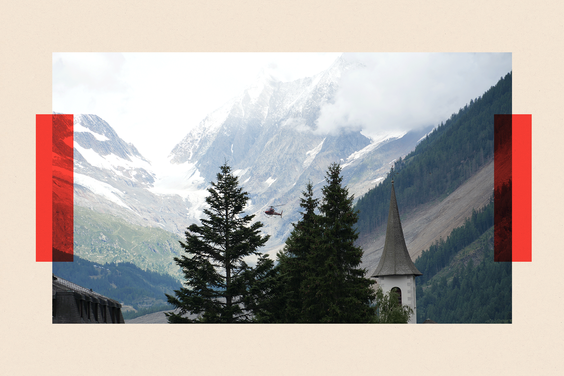 A helicopter flies over the Loetschental valley.