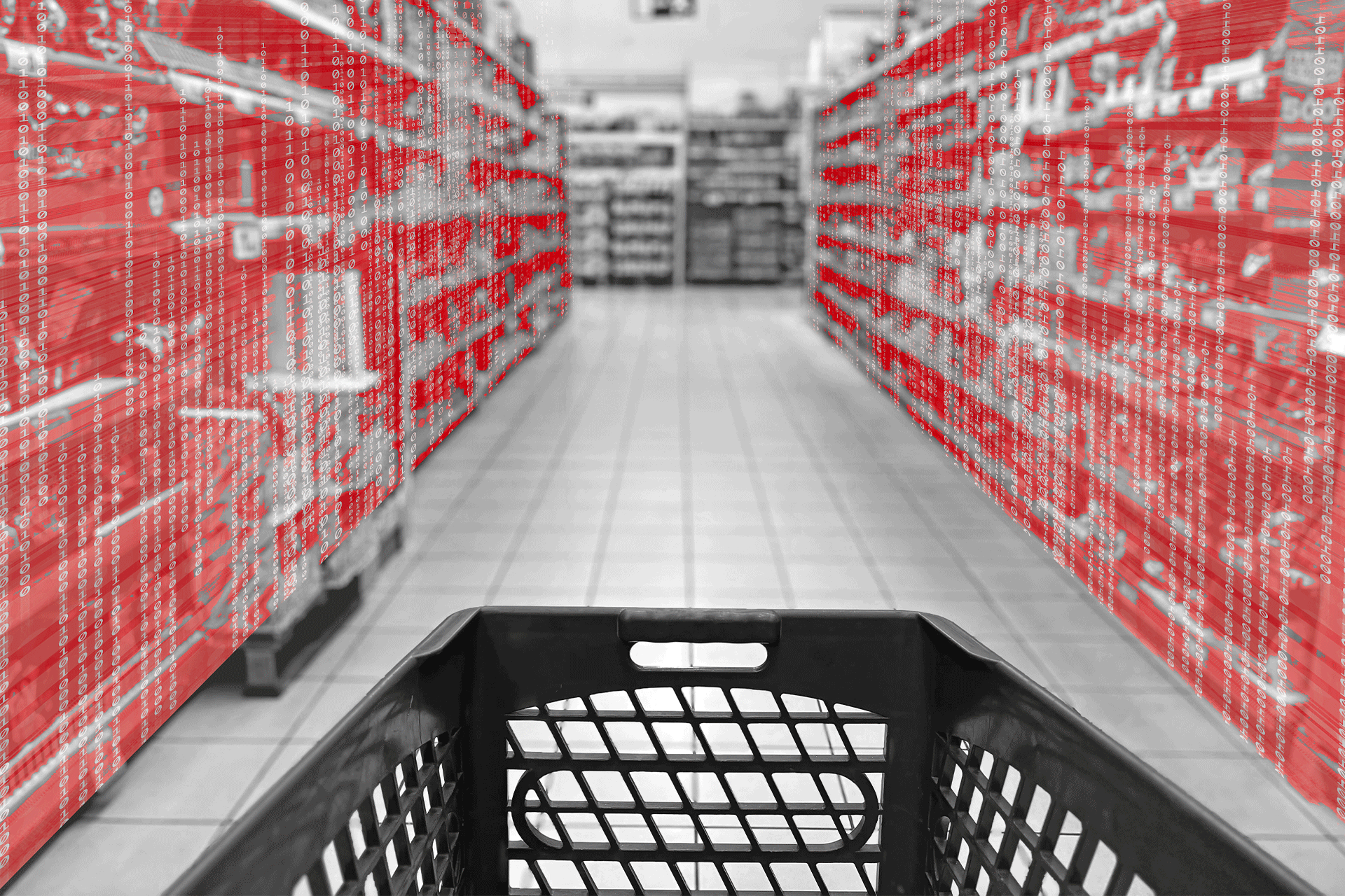 A supermarket with binary code on the shelves