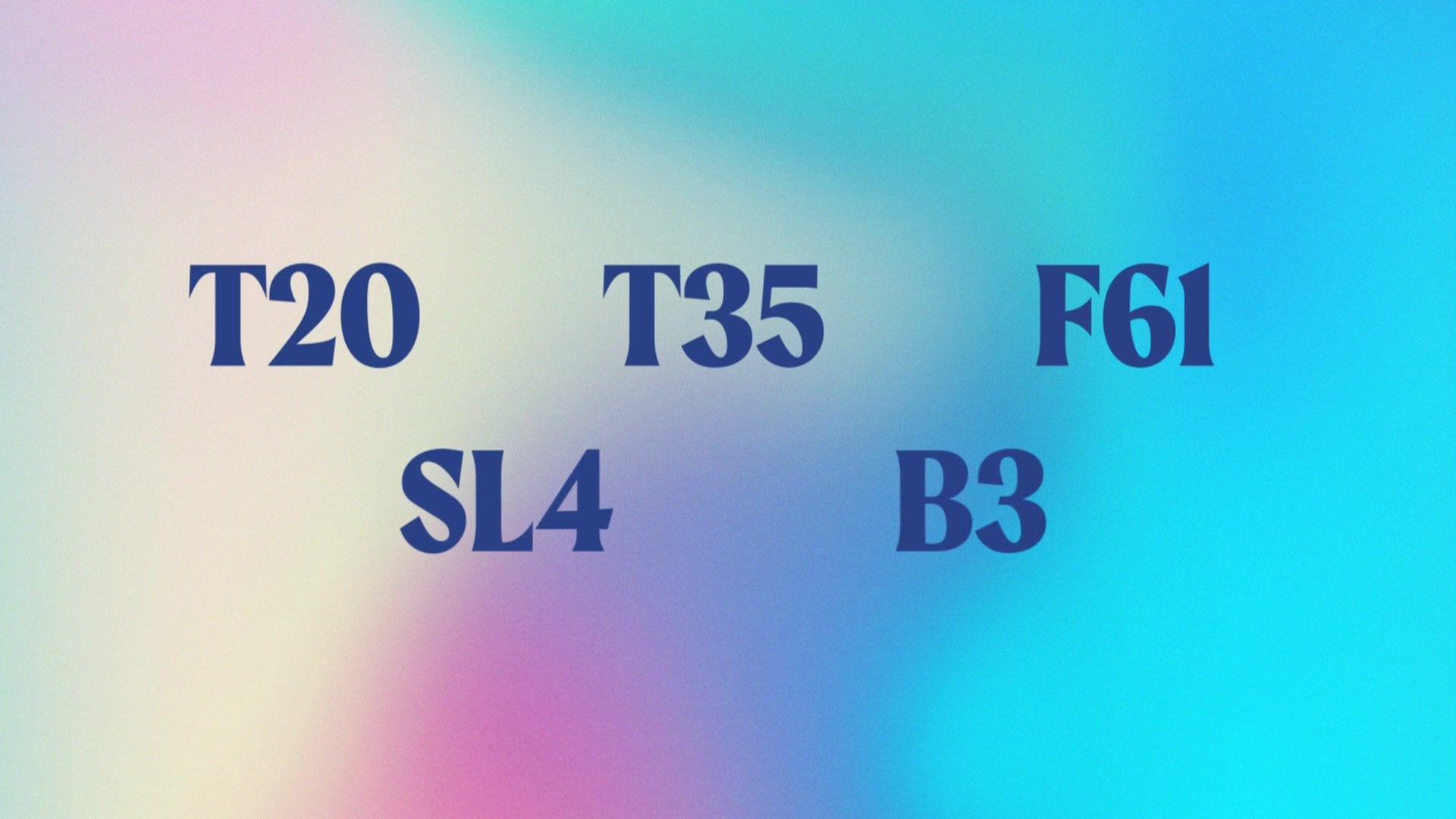 colourful background with T20, T35, F61, SL4 and B3 in text.