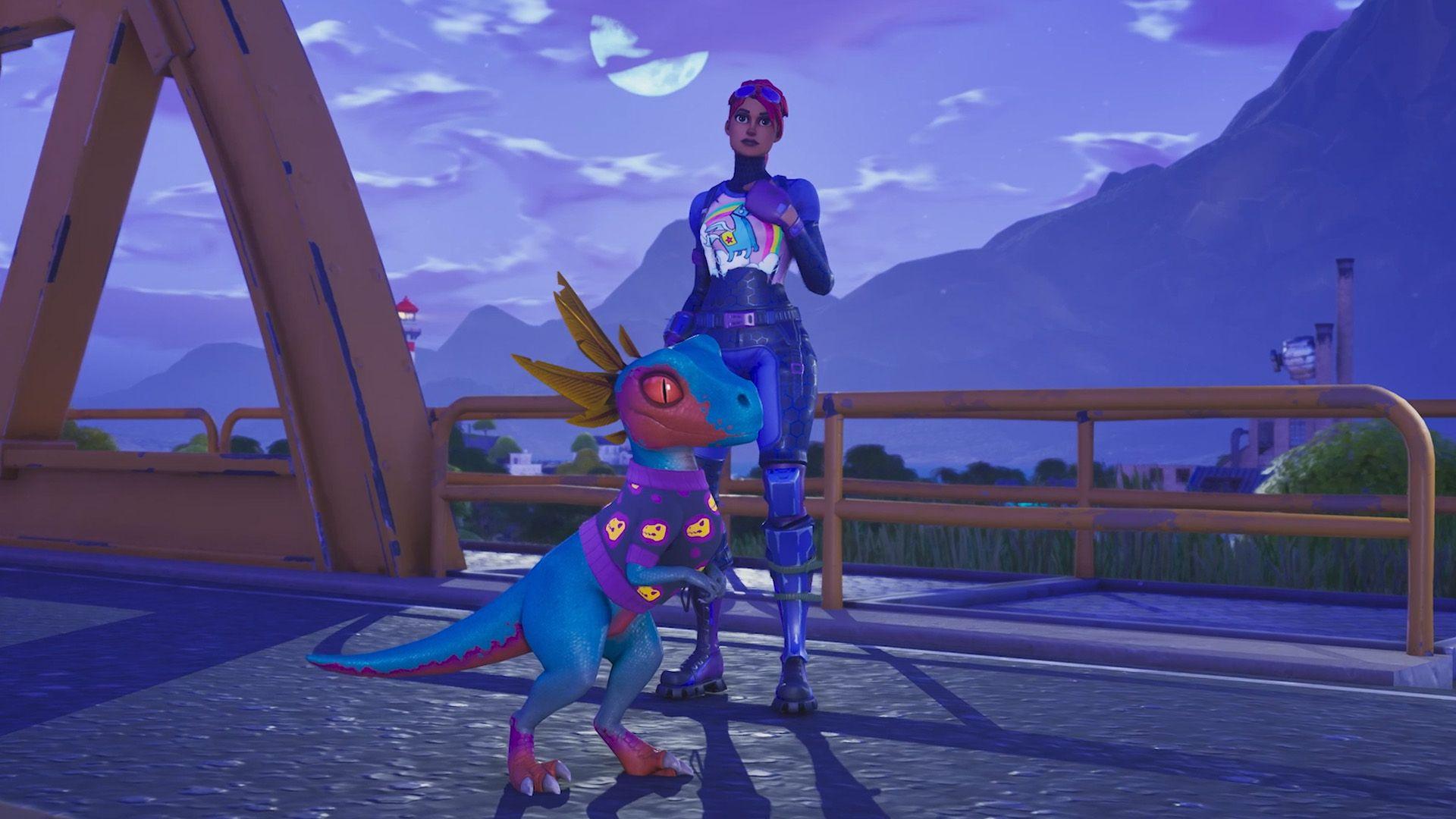 a female character with a dinosaur pet