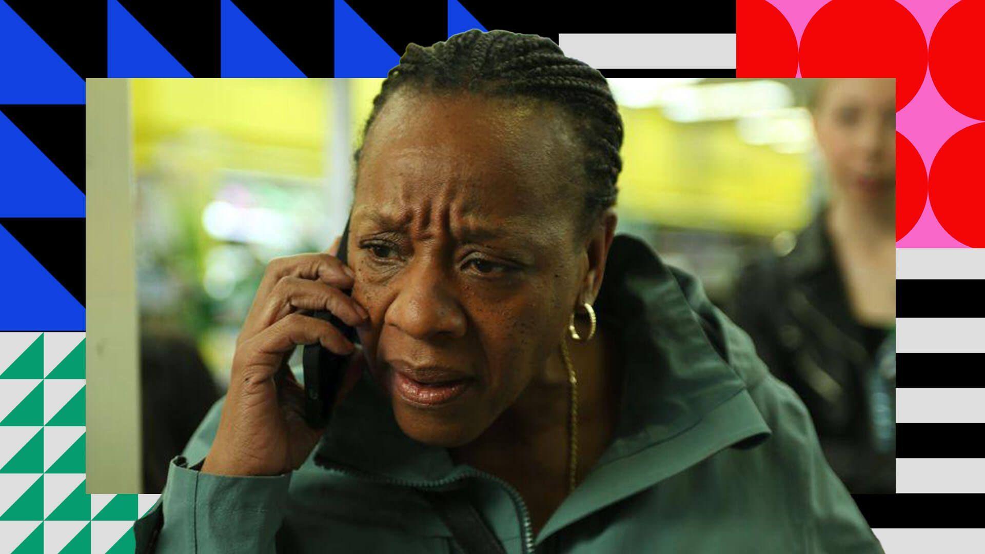 A picture of Marianne Jean-Baptiste on the phone, in a scene for Hard Truths