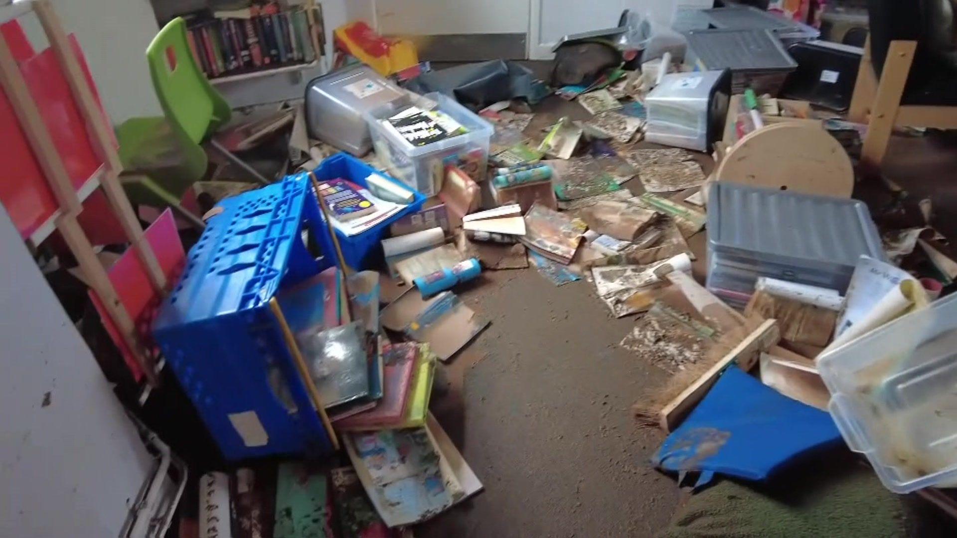 scattered items on the floor at Kenton Primary School. 